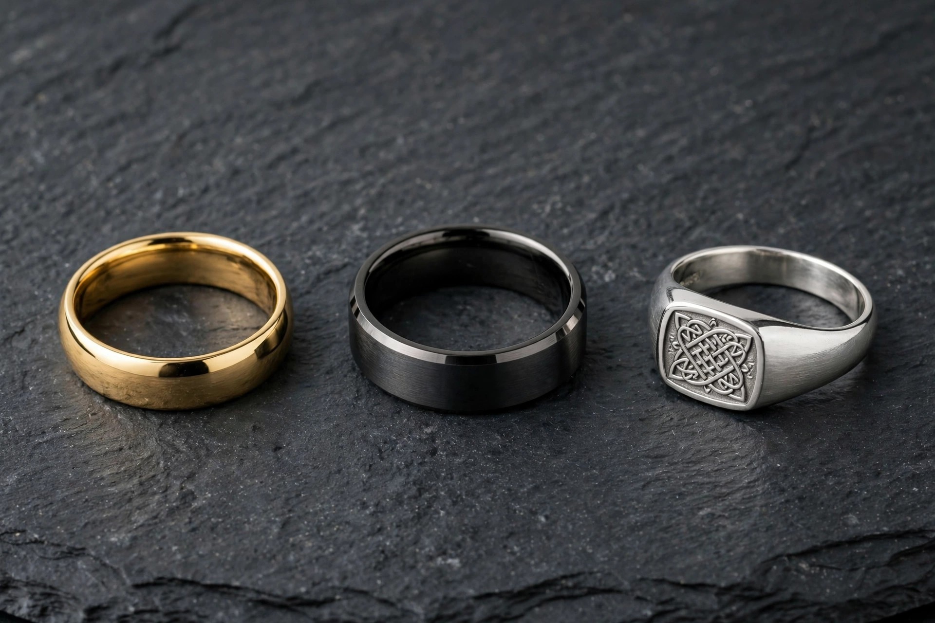 Men's rings with a polished gold wedding band, a dark tungsten band and an engraved silver signet ring on dark slate