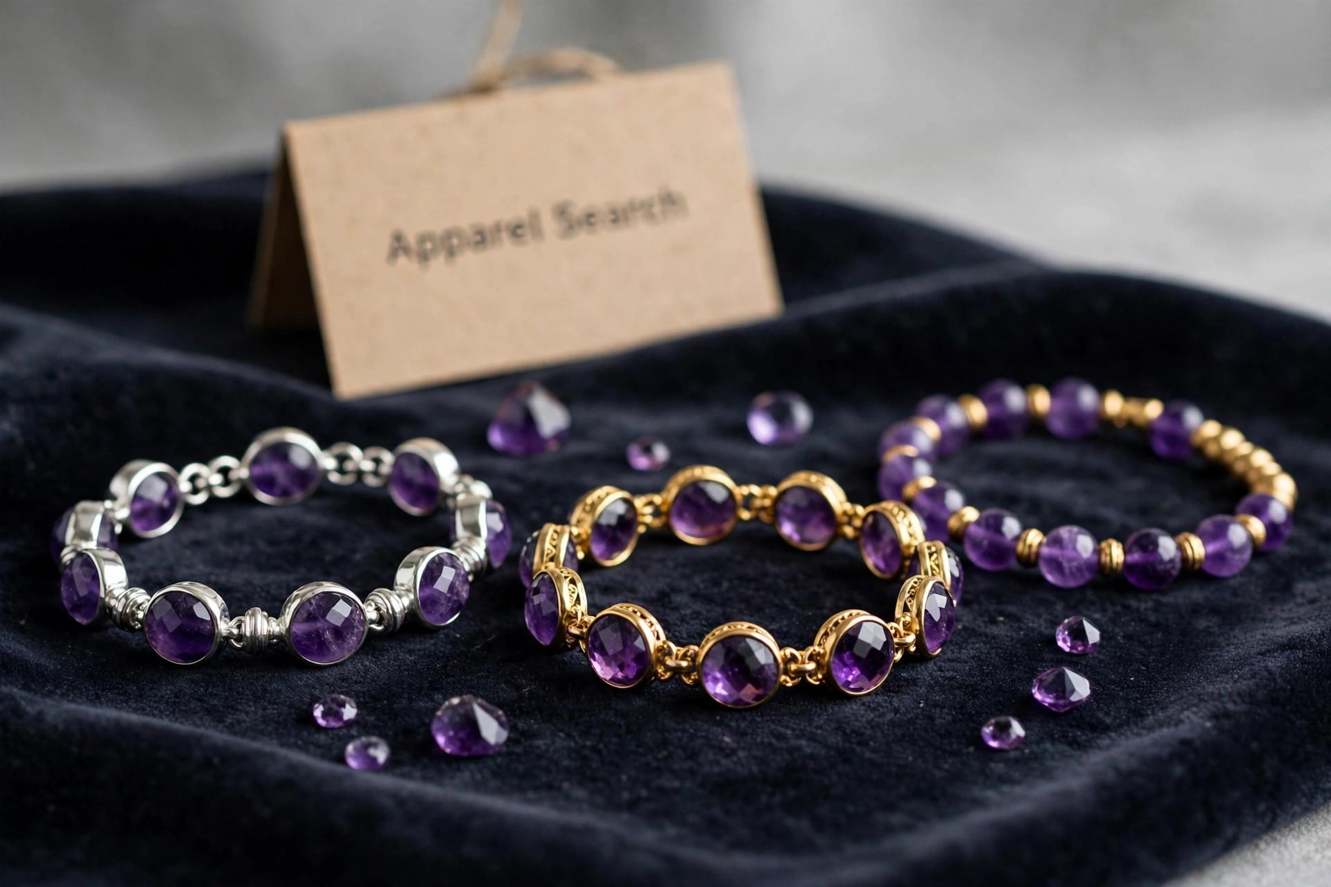 Amethyst bracelets with purple gemstones in silver and gold settings on dark velvet
