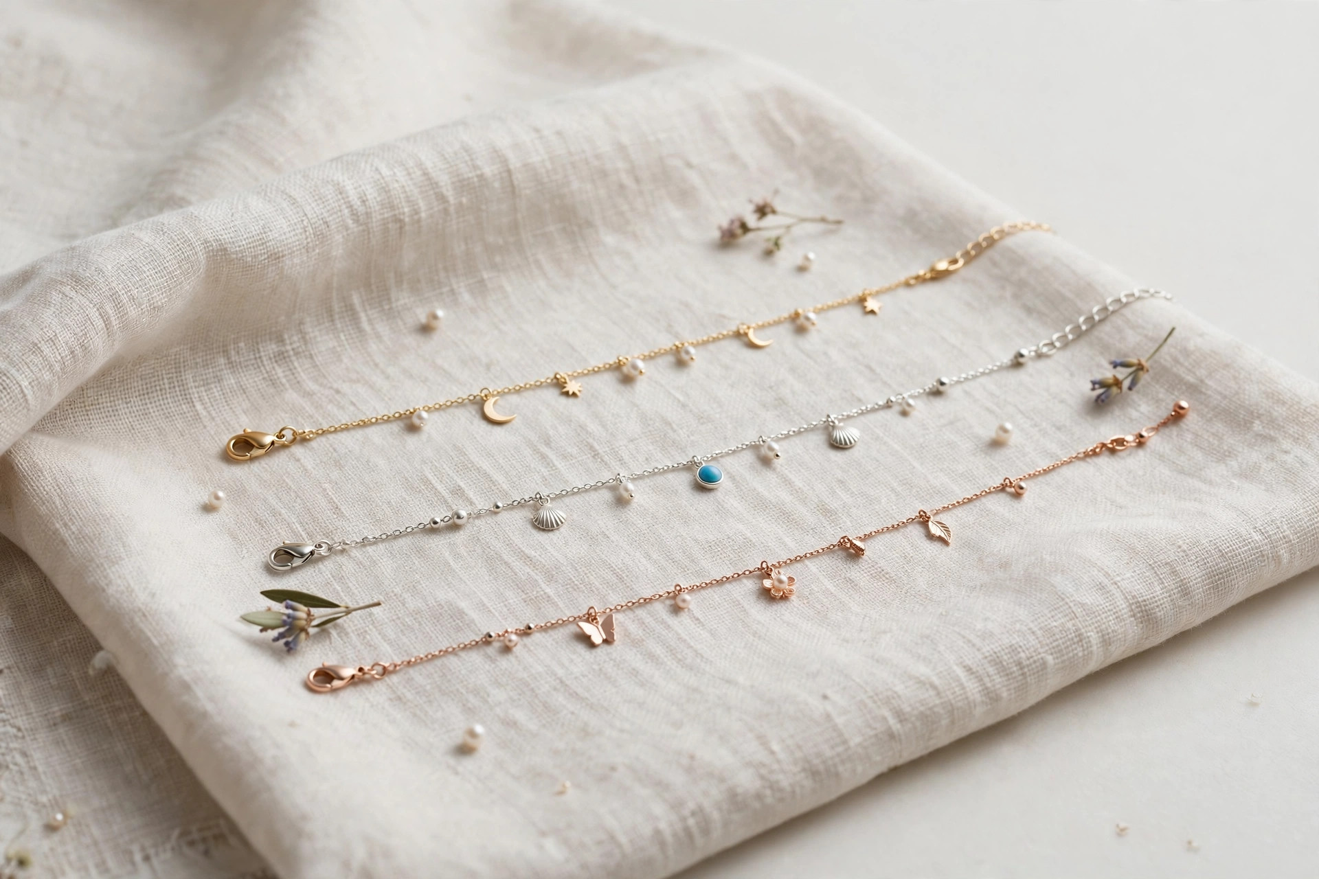 Delicate anklet bracelets with fine chains and tiny charms on pale linen