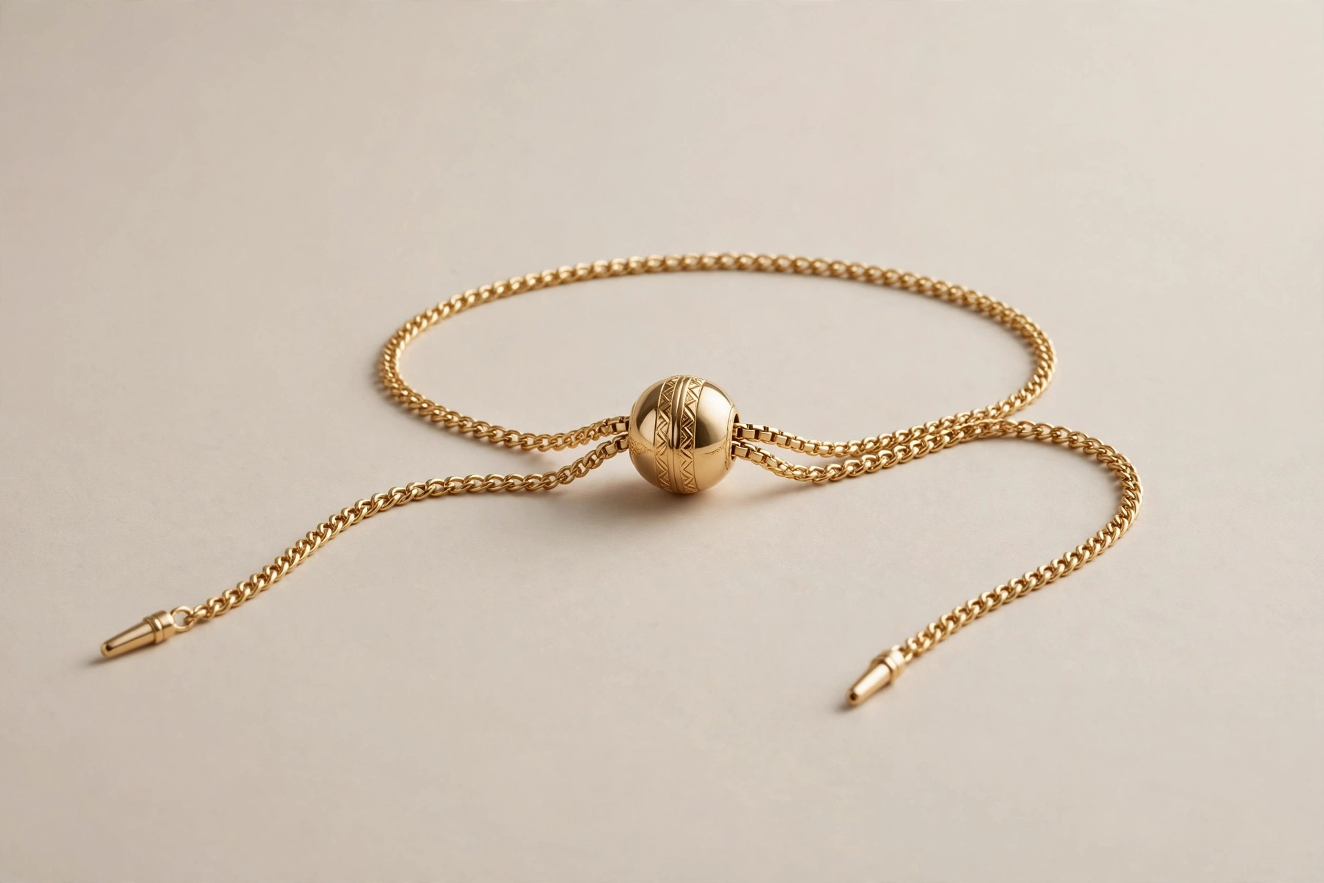 Gold bolo bracelet with a sliding bead clasp and dangling chain ends on a neutral backdrop