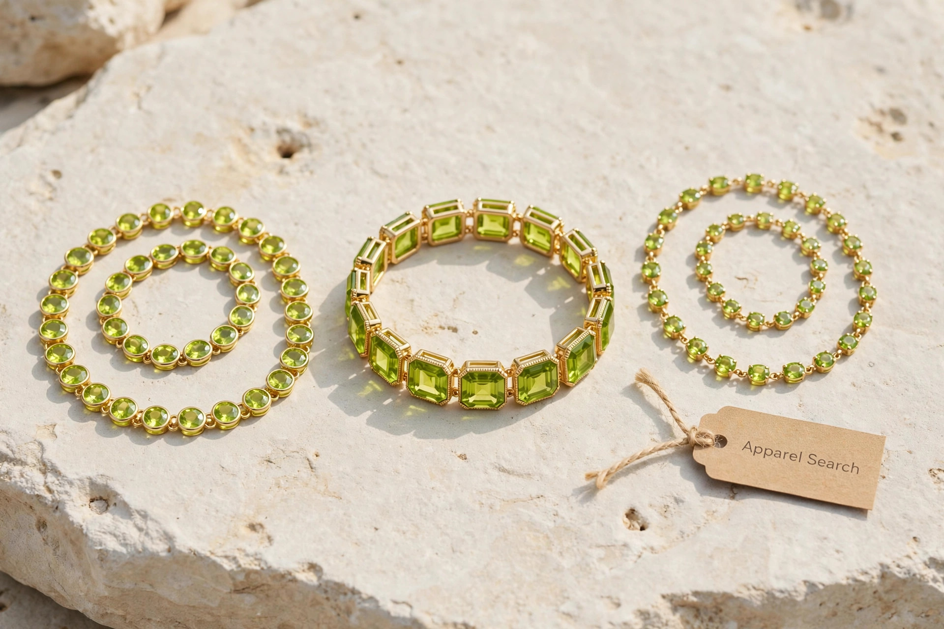 Peridot bracelets with vivid yellow-green gemstones in gold settings on light stone