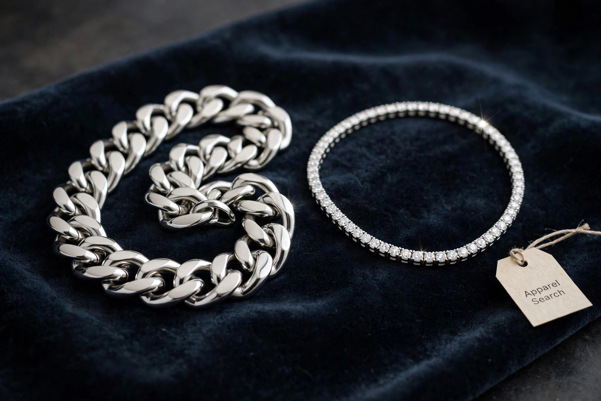 Platinum bracelets with heavy polished links and a diamond line bracelet on dark velvet