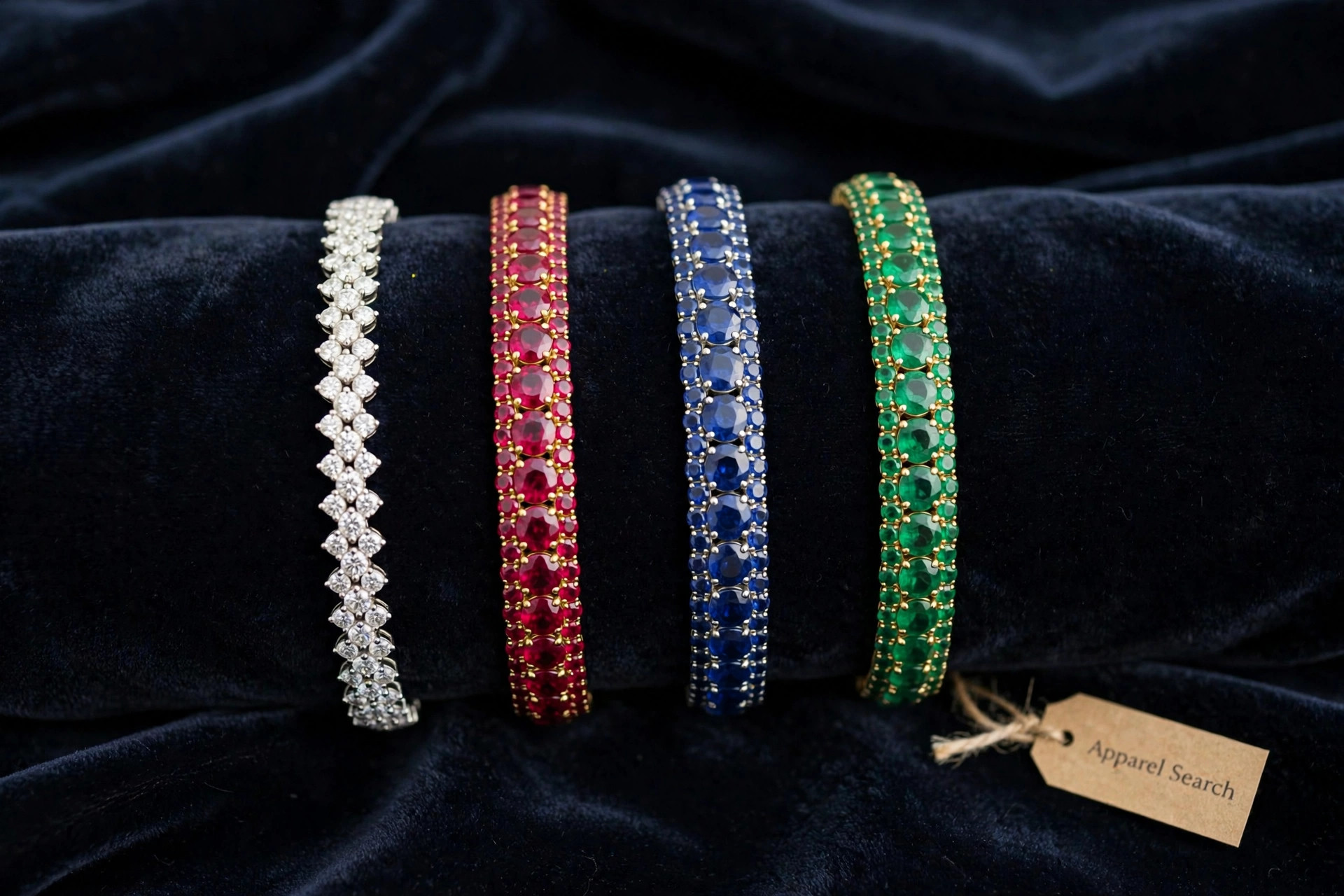 Precious gem bracelets with diamond, ruby, sapphire and emerald lines together on dark velvet