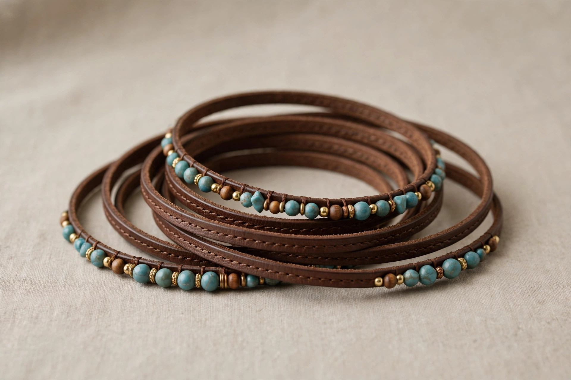 Long wrap bracelet of leather and beads coiled in multiple loops on a neutral backdrop