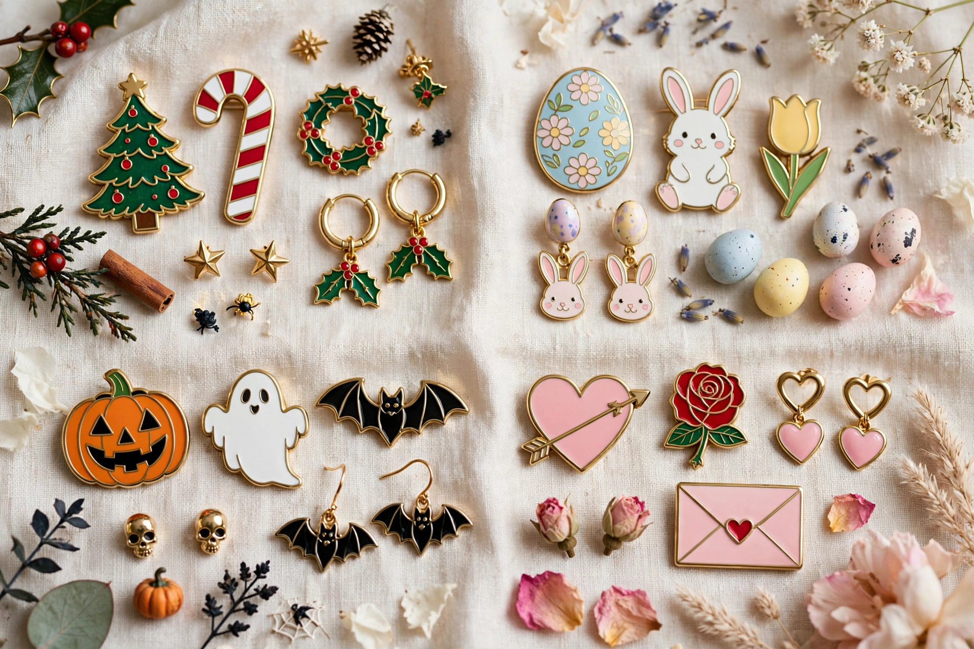 Holiday design jewelry with enamel pins and earrings for Christmas, Easter, Halloween and Valentine's Day arranged together on light fabric