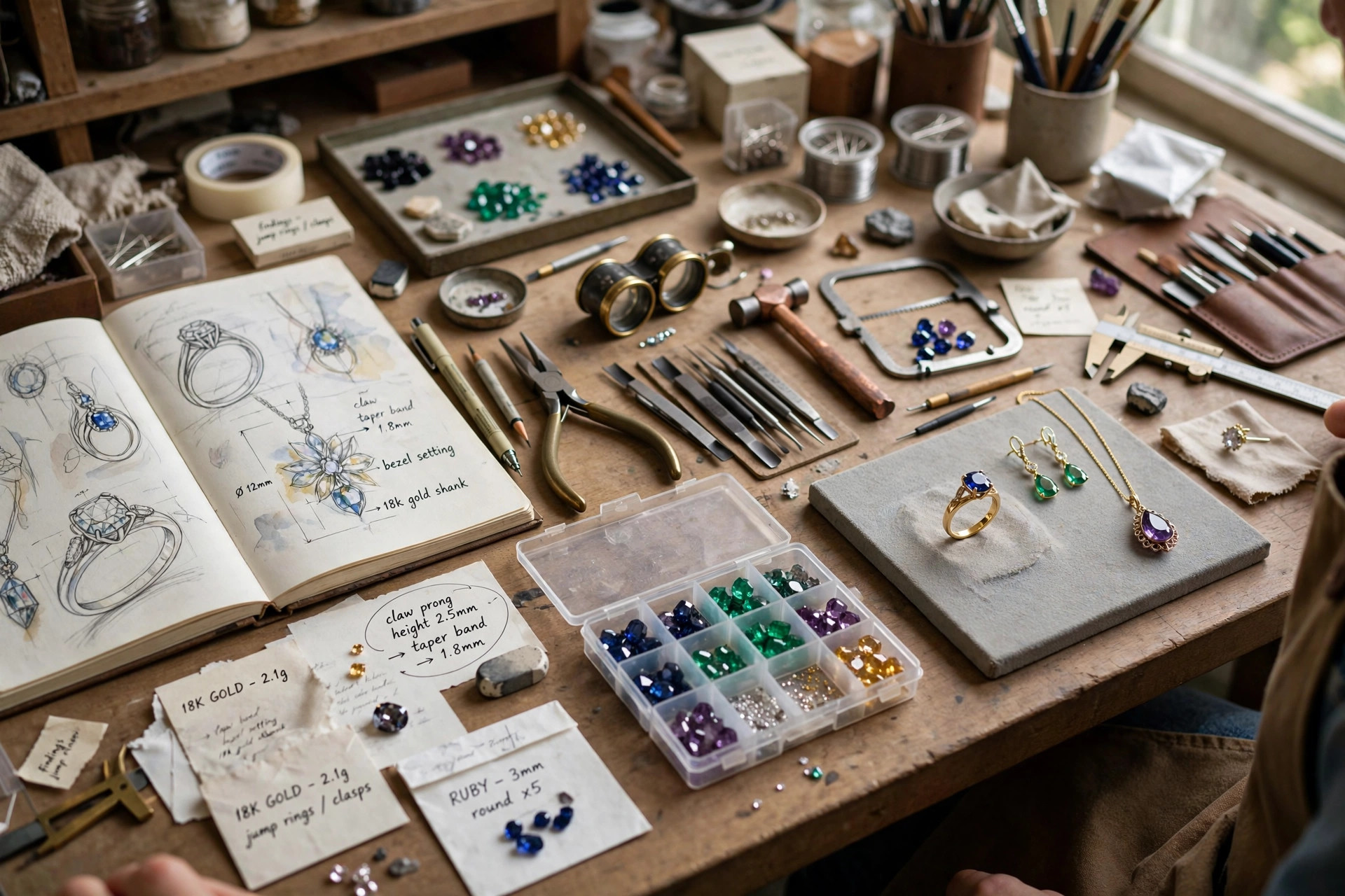 Jewelry designers at work with sketches, tools, gemstones and finished pieces on a studio bench