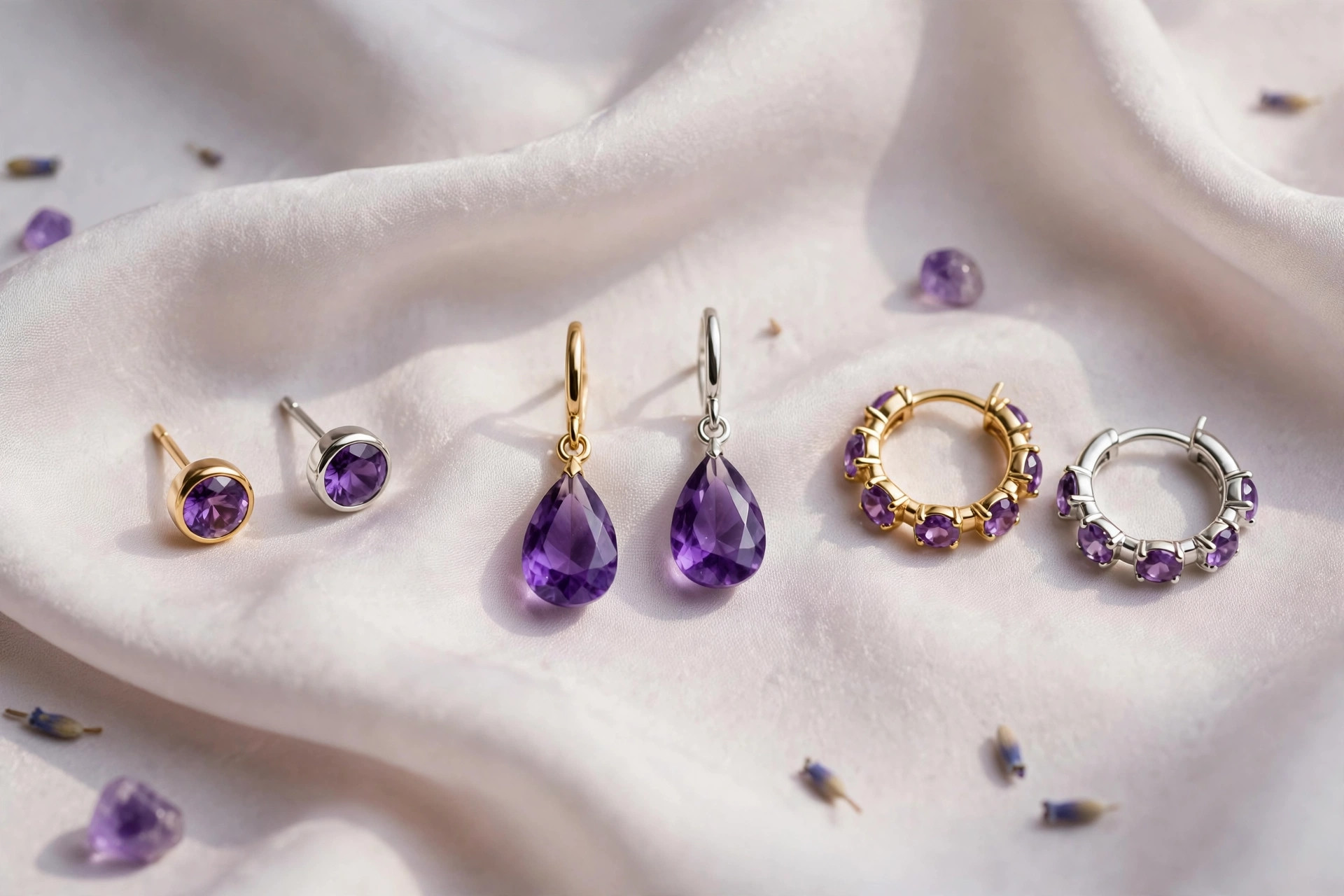 Amethyst earrings with purple gemstone studs, drops and hoops in silver and gold settings on pale silk