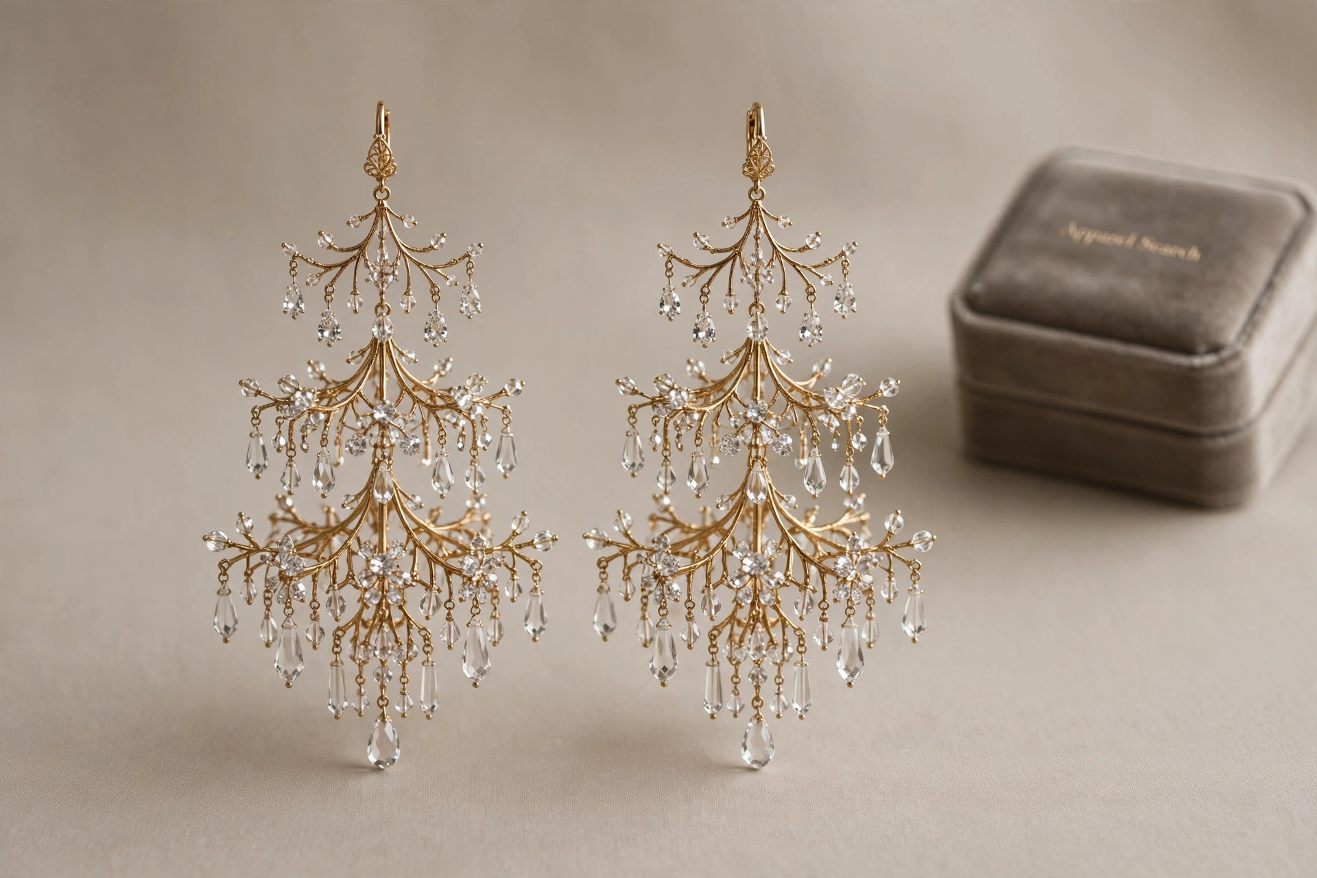 Pair of tiered chandelier earrings with branching crystal tiers on a neutral backdrop