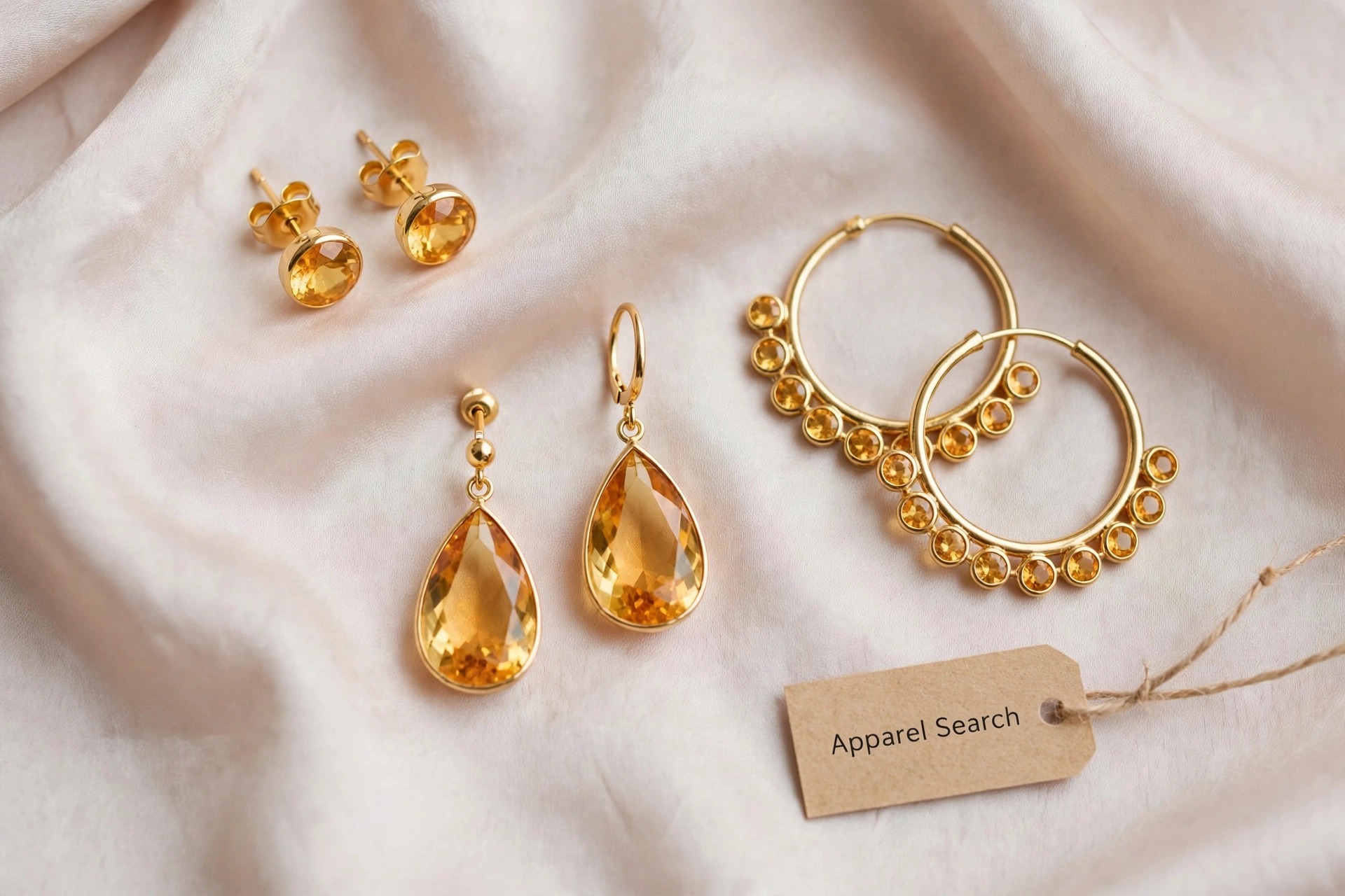 Citrine earrings with warm yellow-orange citrine gemstone studs, drops and hoops in gold settings on pale silk