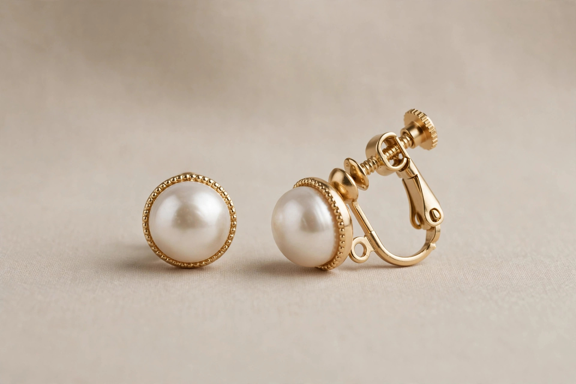 Pair of pearl clip-on earrings showing the clip fittings on a neutral backdrop