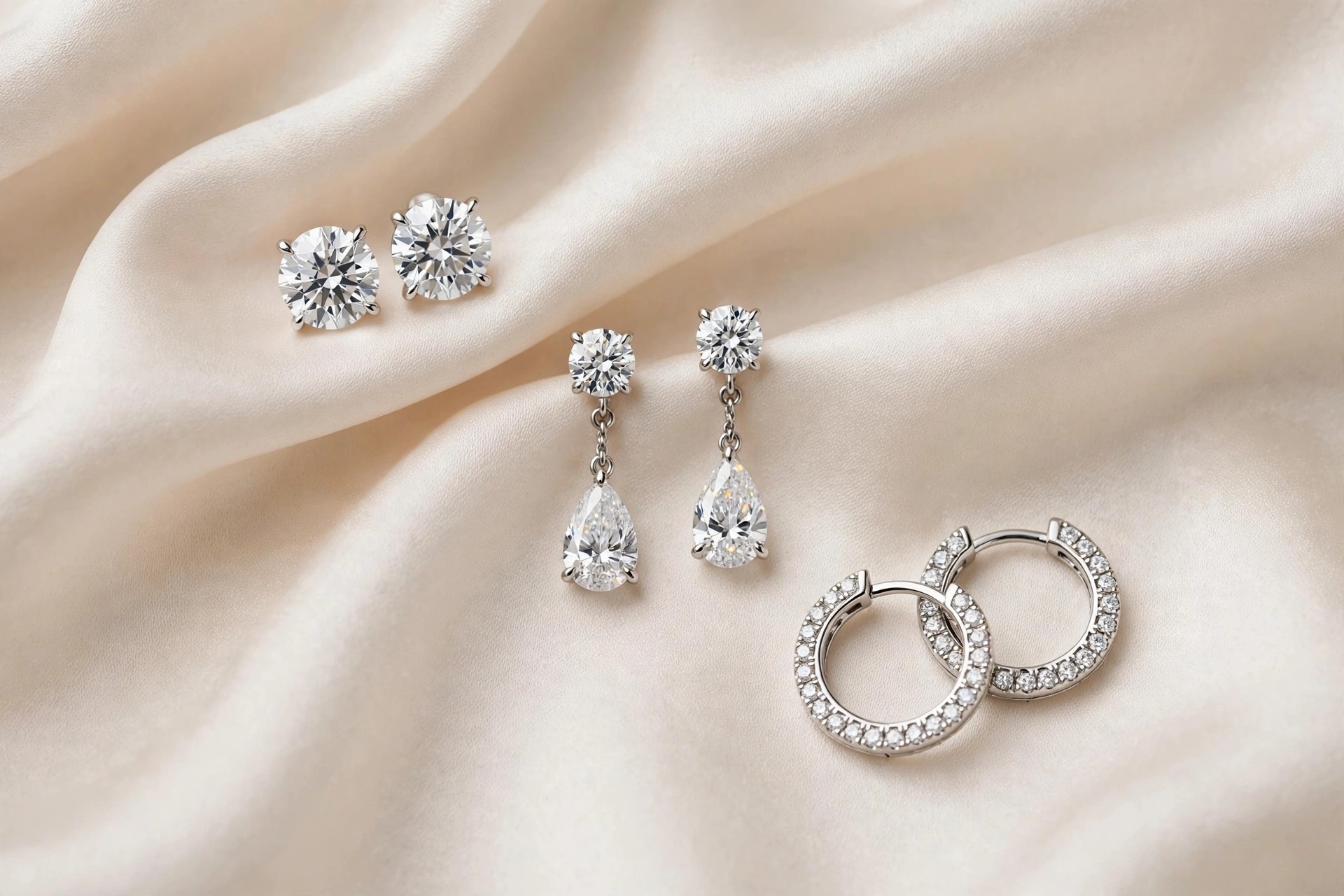 Diamond earrings with brilliant-cut diamond studs, drops and hoops in white gold and platinum settings on pale silk