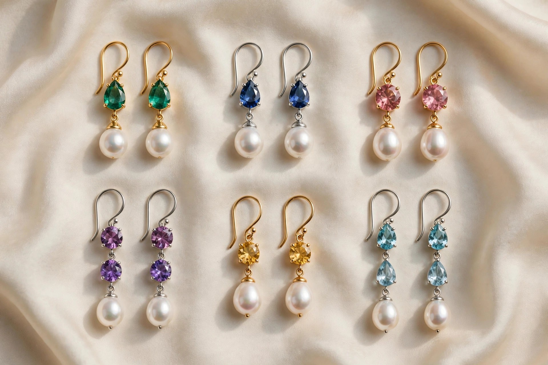 Drop earrings with gemstone and pearl drops in gold and silver hanging styles on pale silk