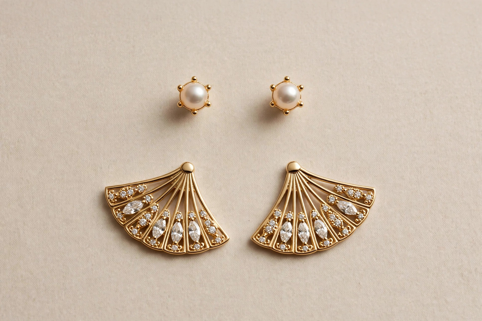 Pair of ear jacket earrings shown as separate stud and decorative back pieces on a neutral backdrop