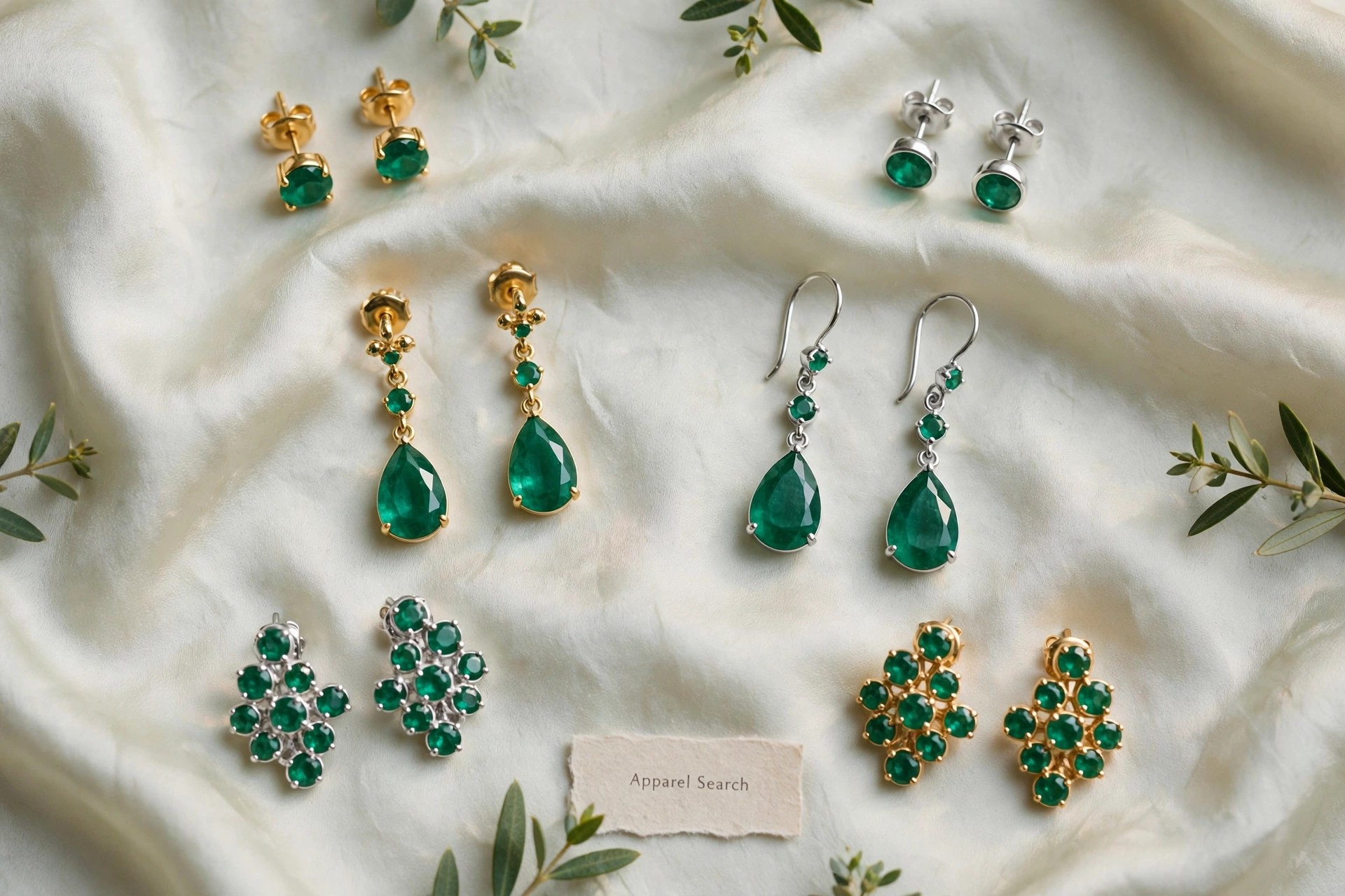 Emerald earrings with green gemstone studs, drops and clusters in gold and silver settings on pale silk