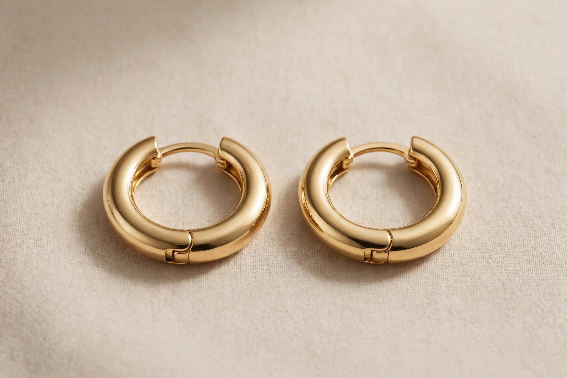Pair of small thick gold huggie hoop earrings with hinged closures on a neutral backdrop