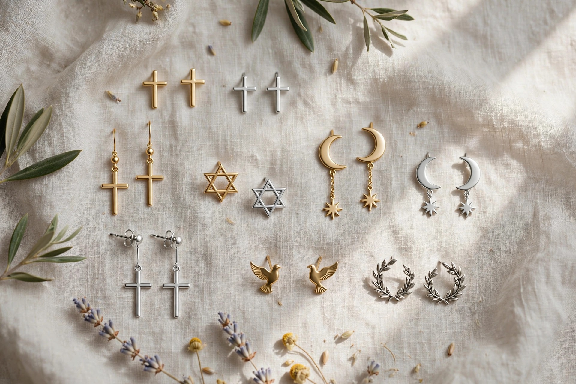 Religious earrings with small gold and silver cross earrings and other faith-symbol studs and drops in a respectful product flat-lay on pale linen