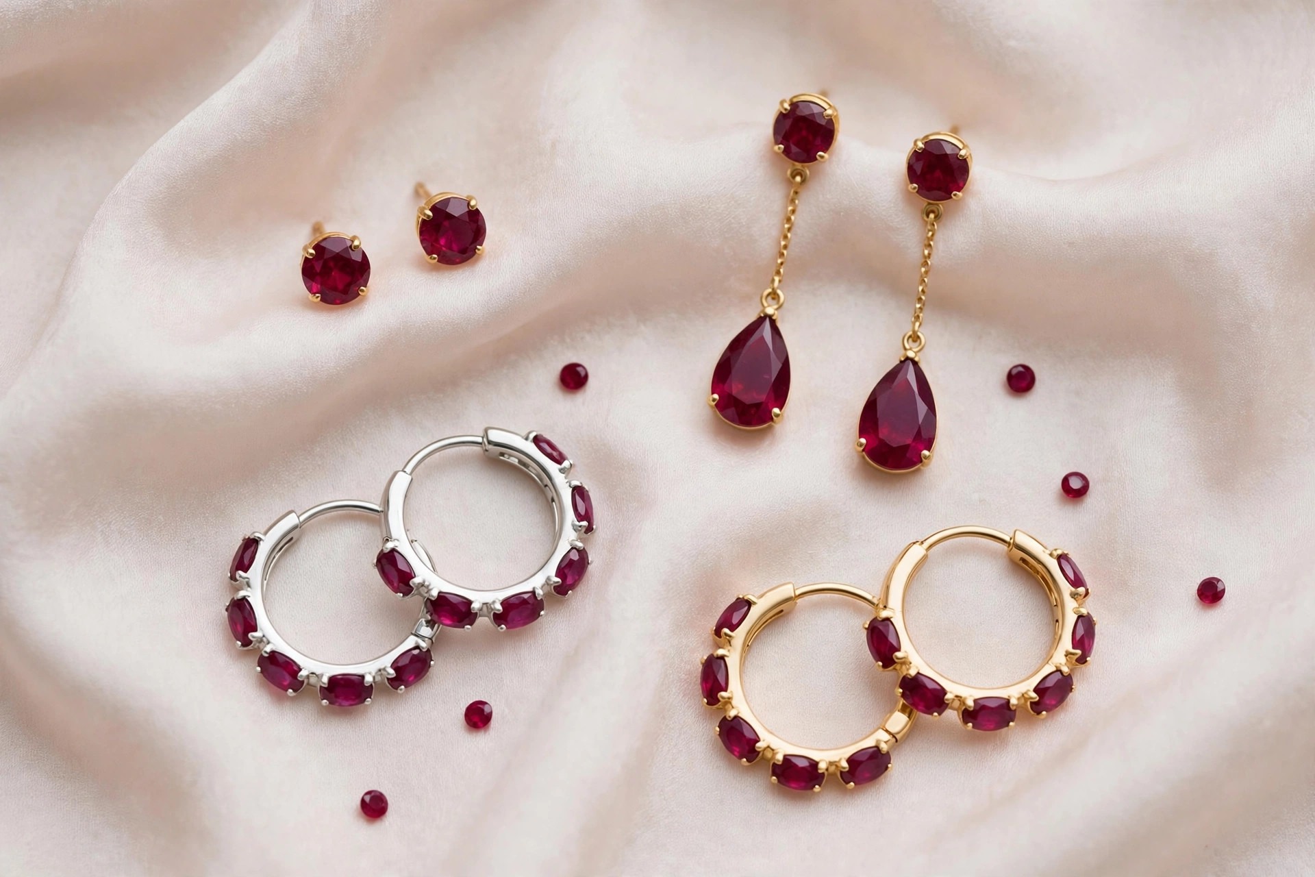 Ruby earrings with deep red gemstone studs, drops and hoops in gold and silver settings on pale silk