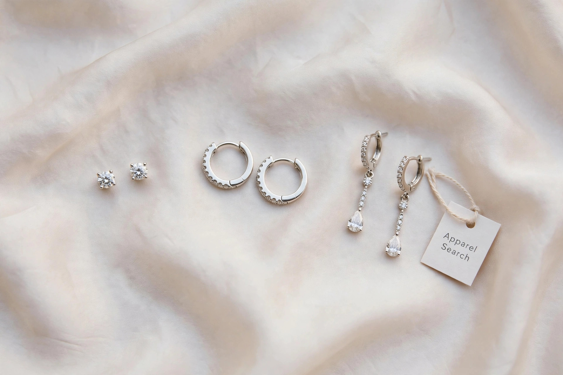 White gold earrings with elegant stud, hoop and drop earrings with small diamonds on pale silk