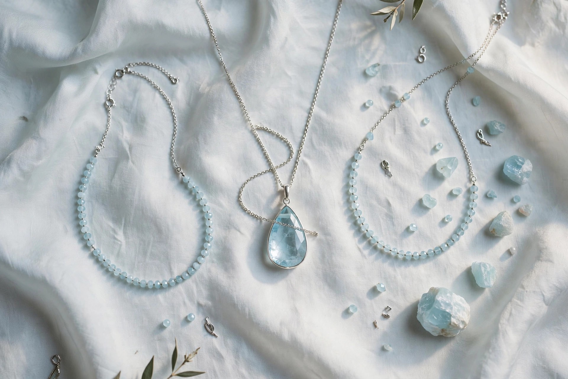 Aquamarine necklaces with pale blue aquamarine pendant necklaces and delicate strands in silver settings on pale silk