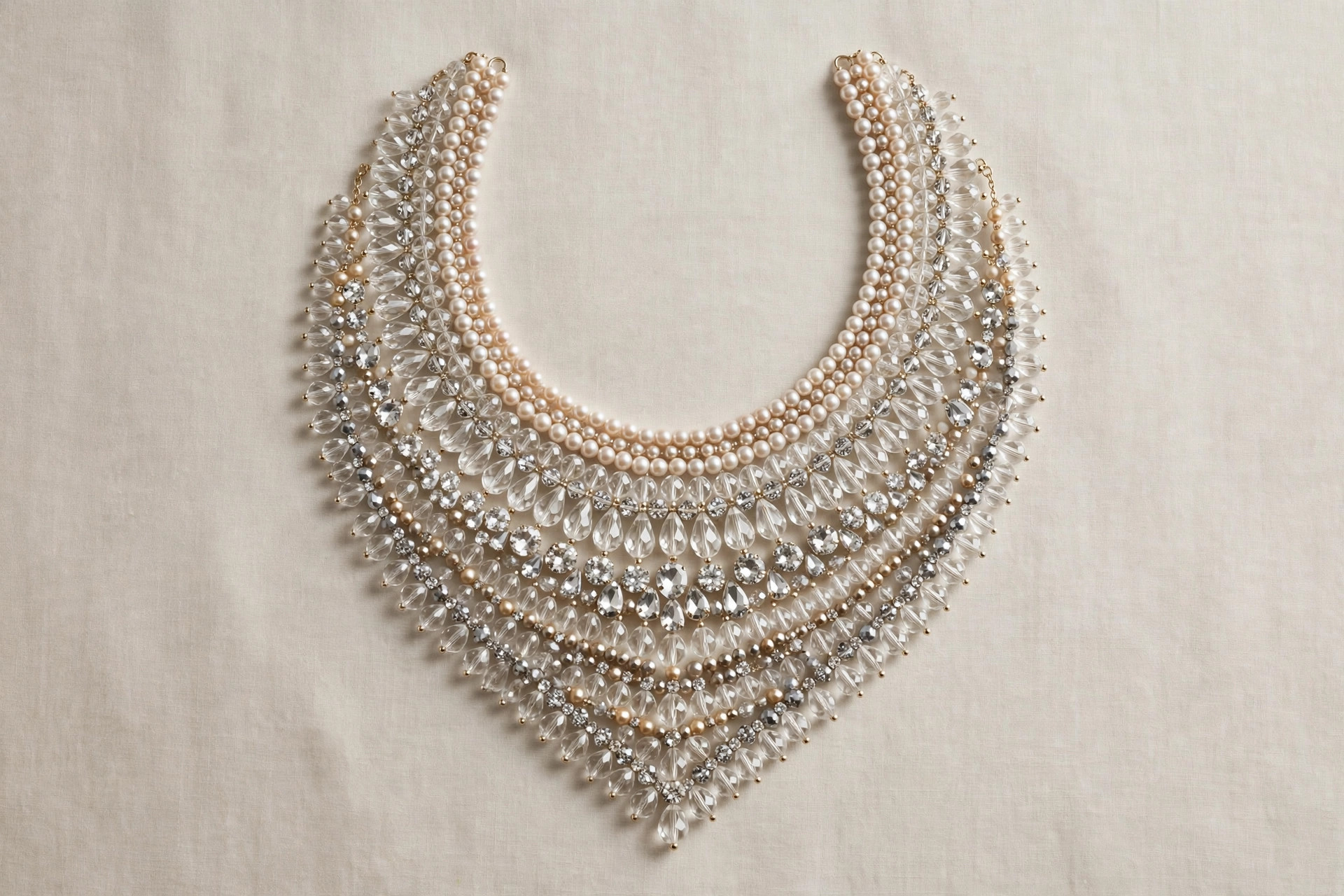 Layered bib necklace with rows of beads and crystals displayed flat on a neutral backdrop