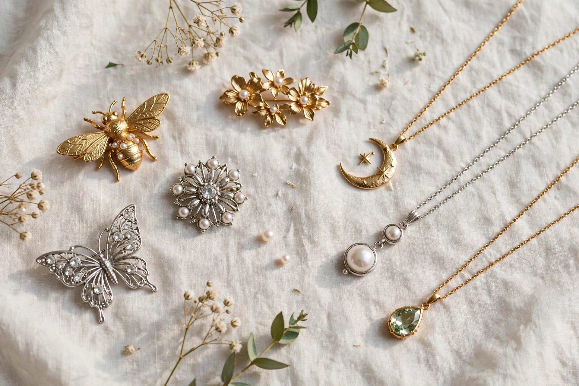 Brooches and pendant necklaces with decorative gold and silver brooches beside pendant necklaces arranged on pale fabric