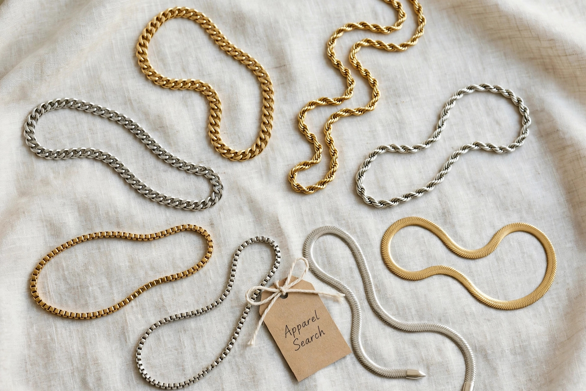 Chain necklaces with gold and silver chains in curb, rope, box and snake chain styles laid in neat curves on pale fabric