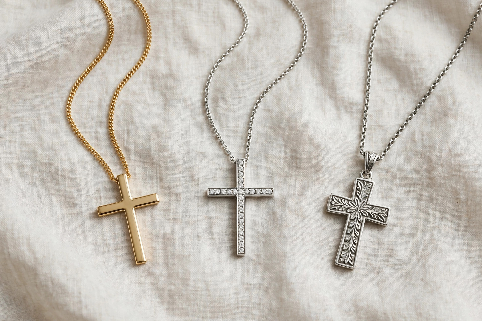 Cross necklaces with plain, diamond-set and carved cross pendants in gold and silver on pale linen