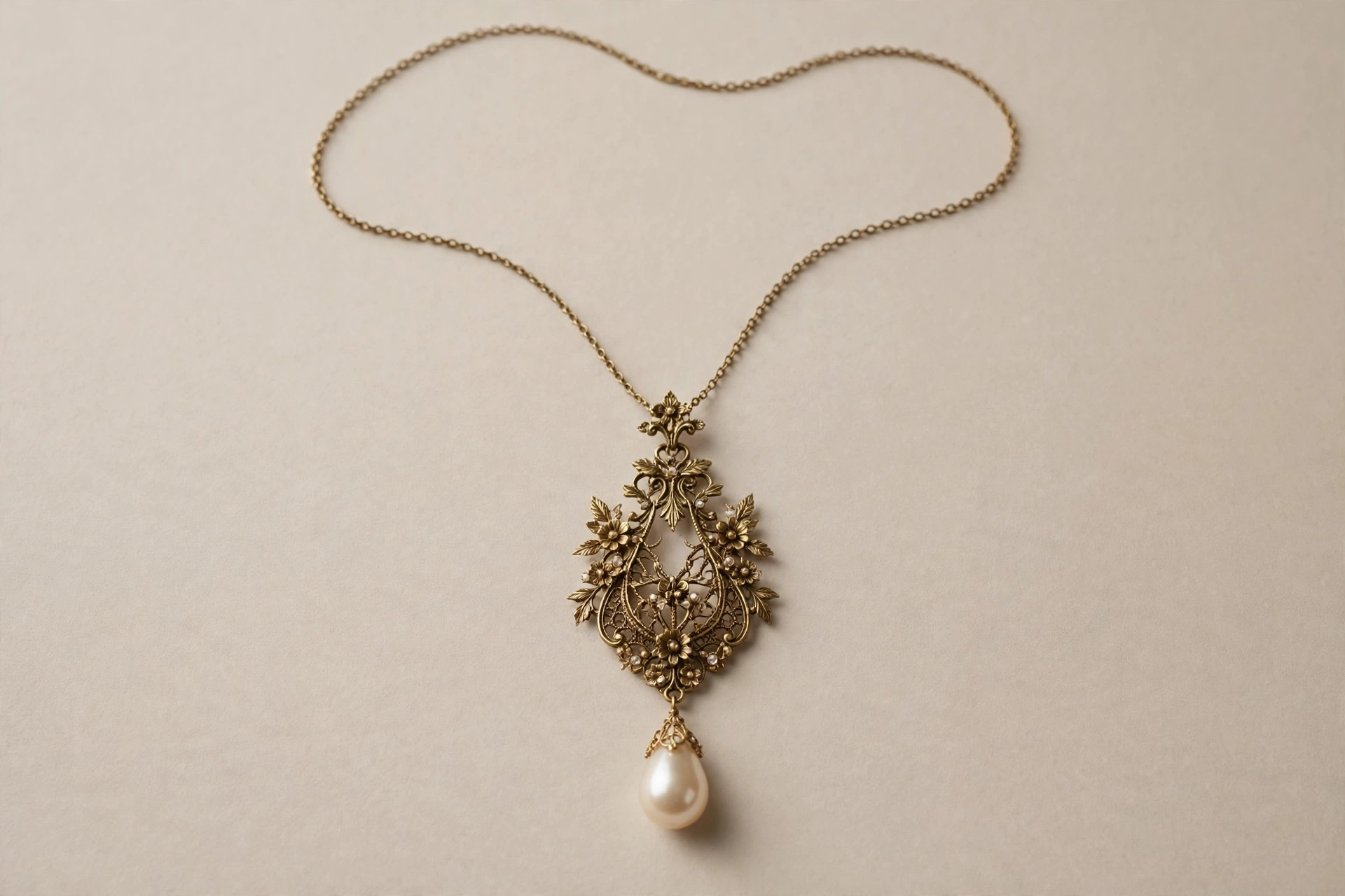 Vintage-style lavaliere necklace with an ornate dangling pendant drop on a neutral backdrop