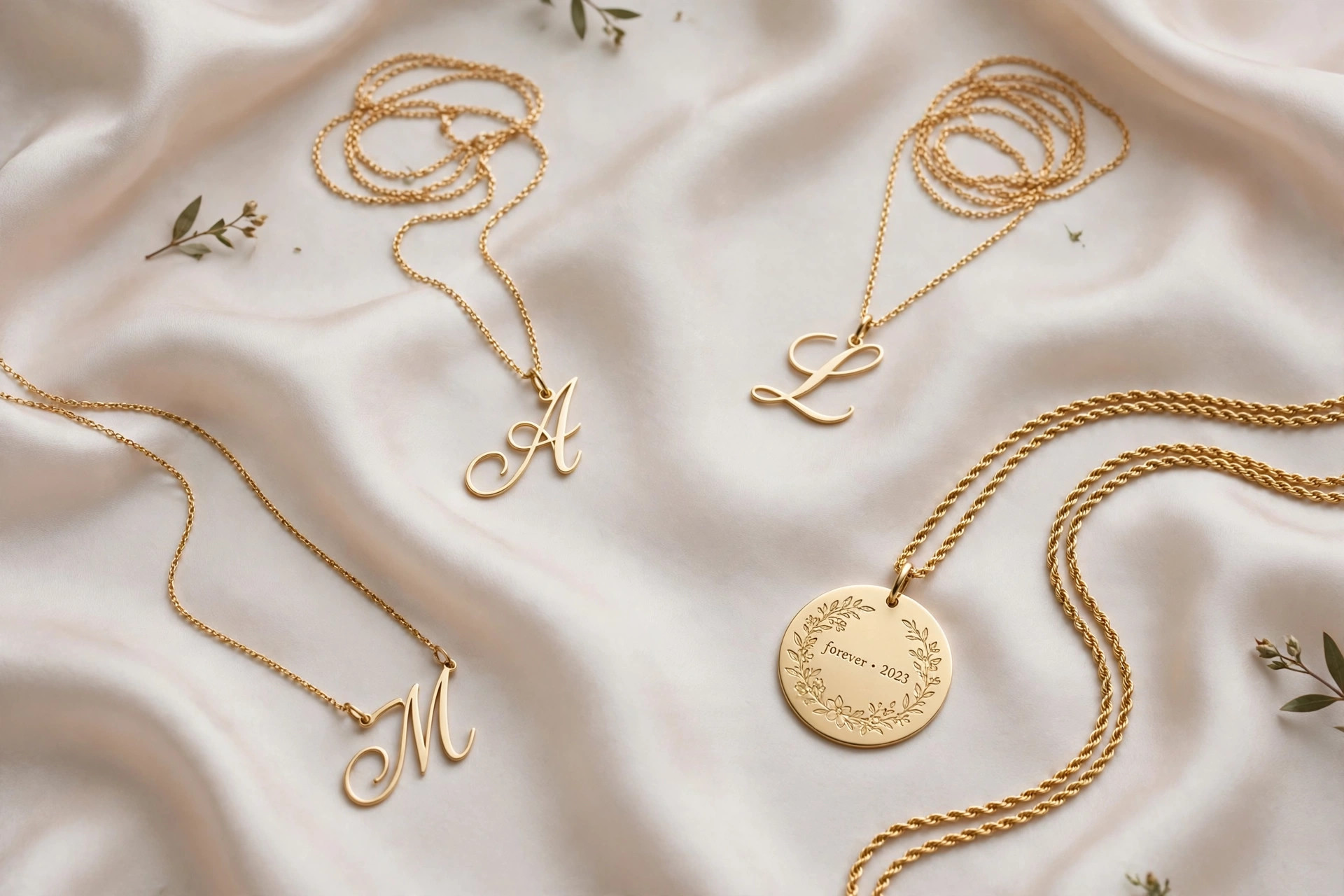 Monogrammed necklaces with script initial pendants and an engraved disc necklace in gold on pale silk