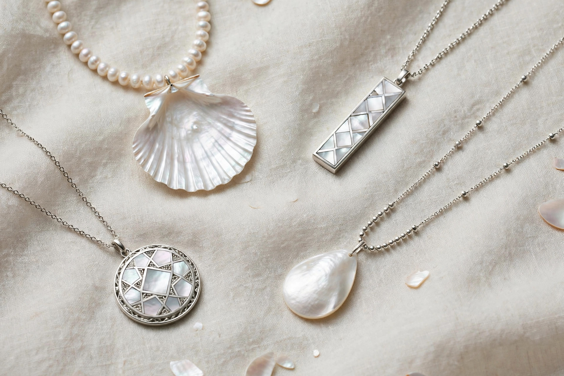 Mother of pearl necklaces with luminous white shell pendants and inlay necklaces in silver on pale fabric