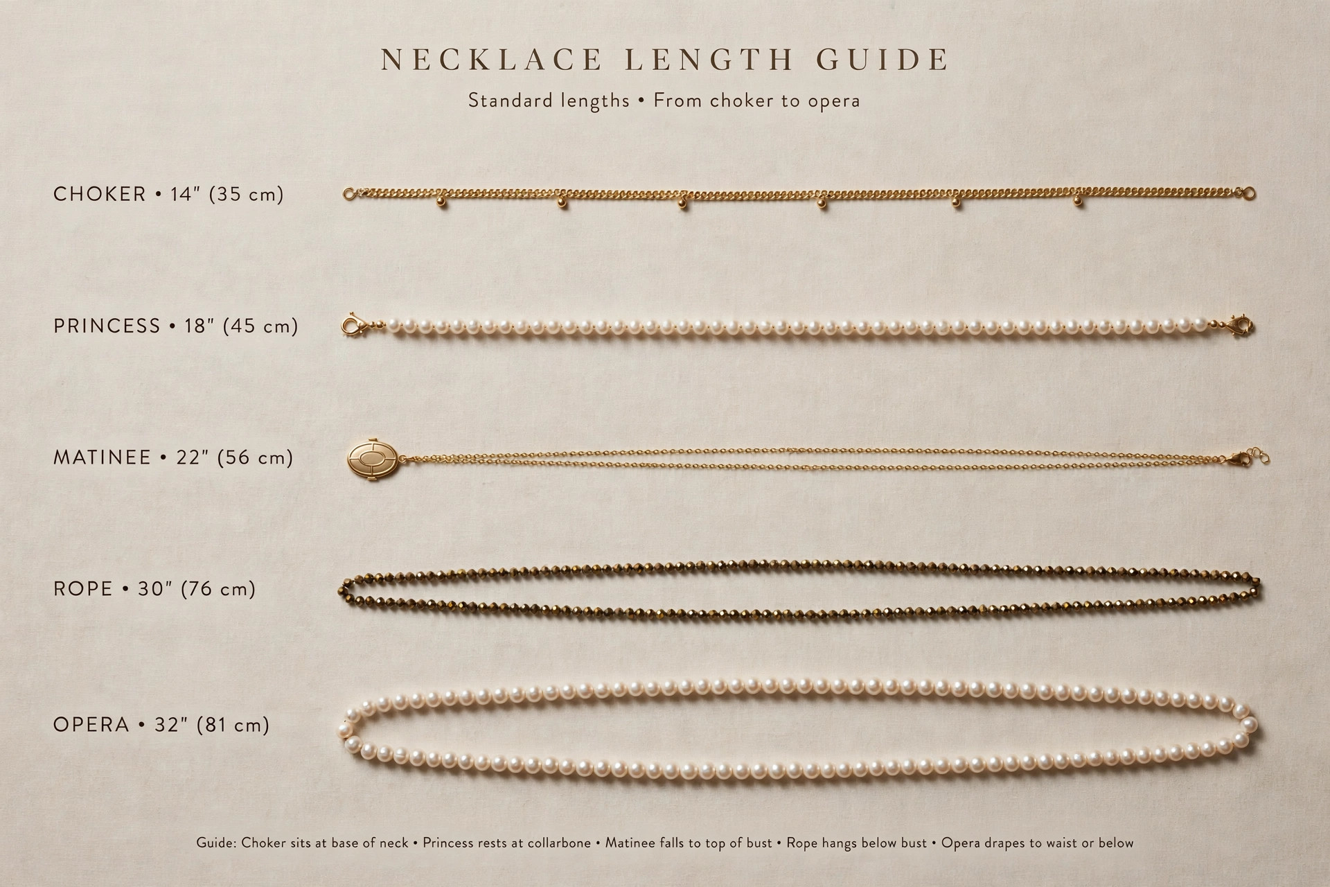Necklaces in graduated standard lengths laid out in rows on a neutral backdrop