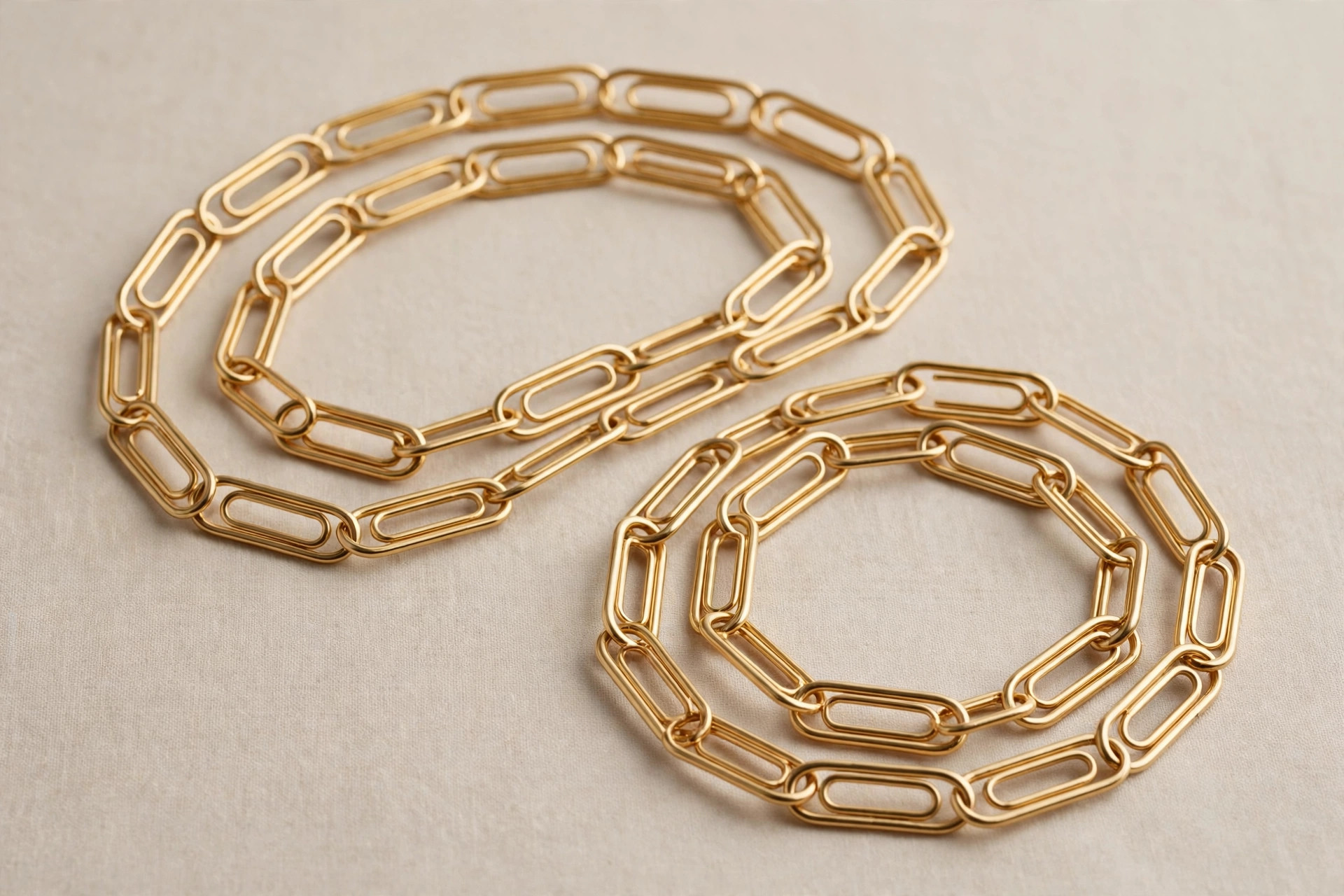 Gold paperclip chain necklace with elongated oval links on a neutral backdrop