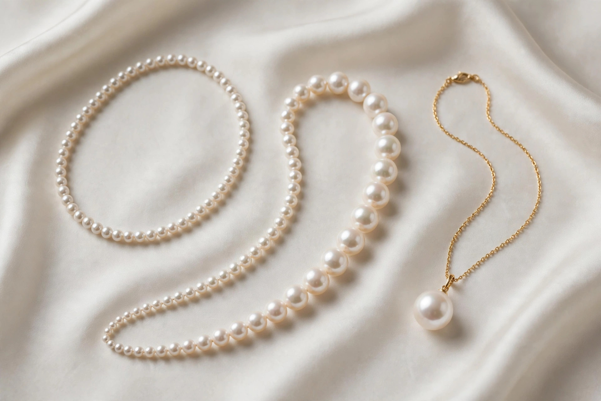 Pearl necklaces with a uniform white strand, a graduated strand and a pearl pendant on pale silk