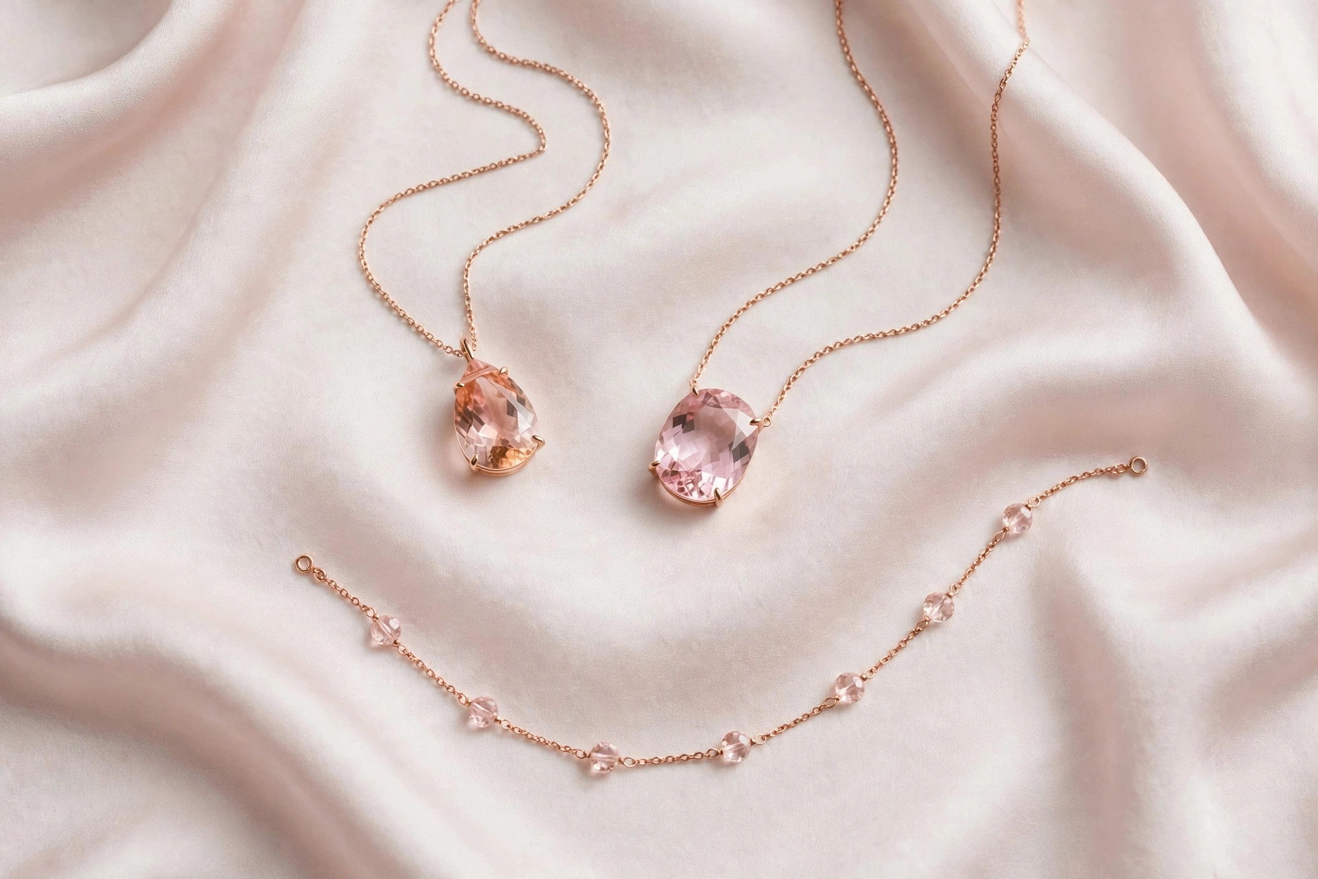 Pink topaz necklaces with soft pink topaz pendants and a station necklace in rose gold on pale silk