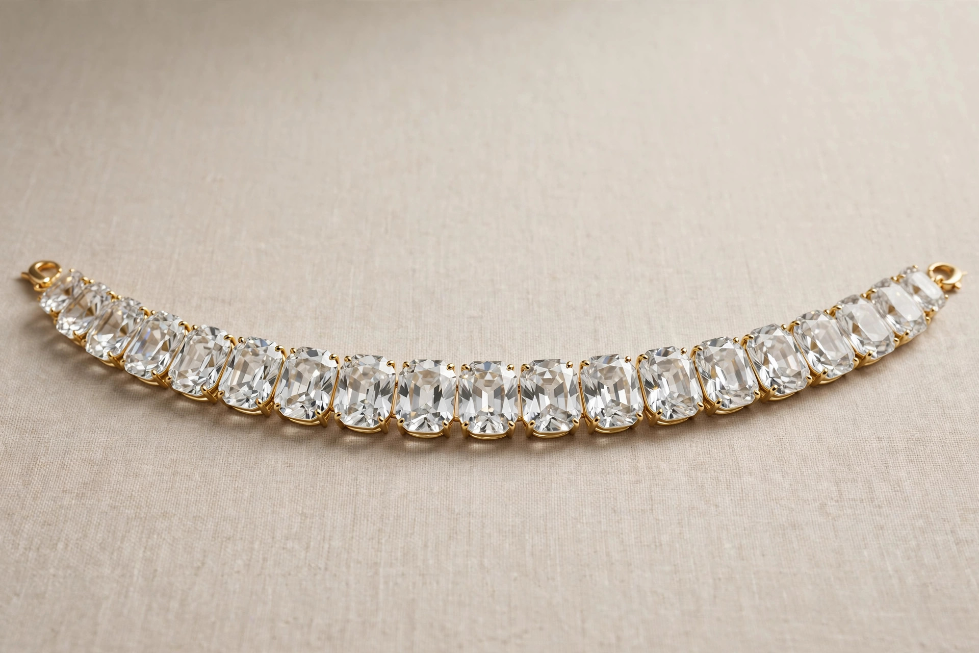 Riviere necklace of one continuous row of faceted gemstones on a neutral backdrop