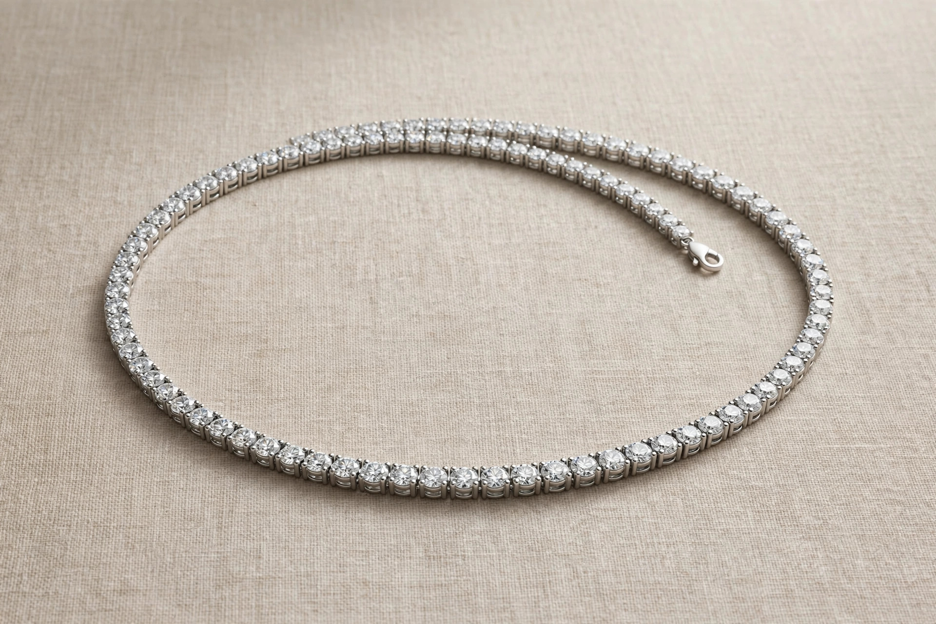 Tennis necklace of a single flexible row of matched sparkling diamonds on a neutral backdrop