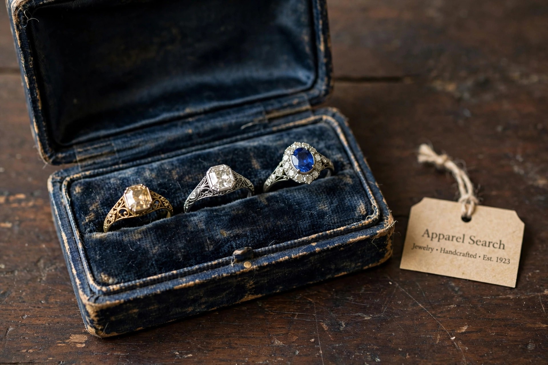 Antique rings in gold and platinum with old-cut diamonds, filigree bands and a sapphire ring in an aged velvet ring box on a dark wood table
