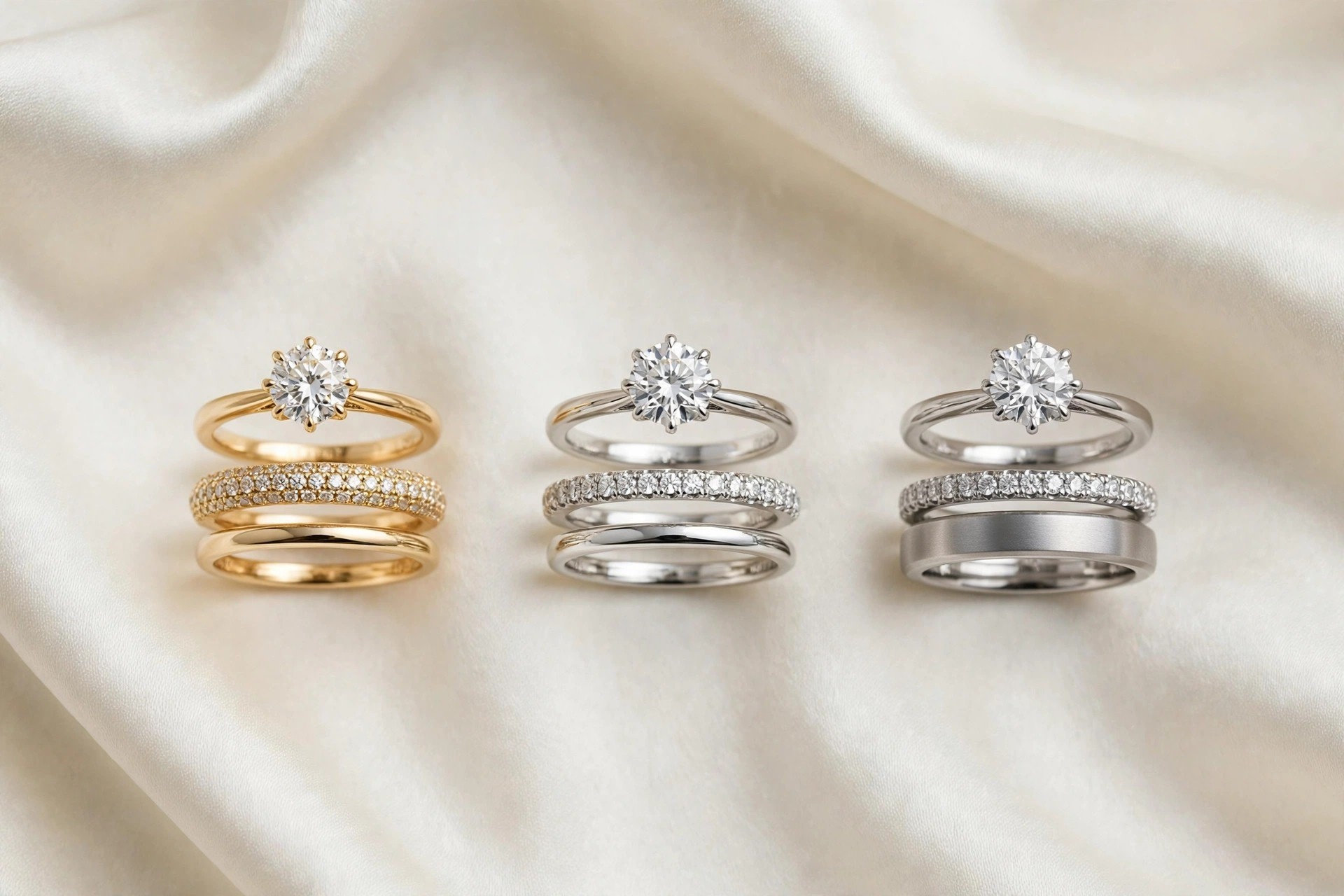 Bridal ring sets with diamond engagement rings and matching wedding bands in gold and platinum on ivory silk
