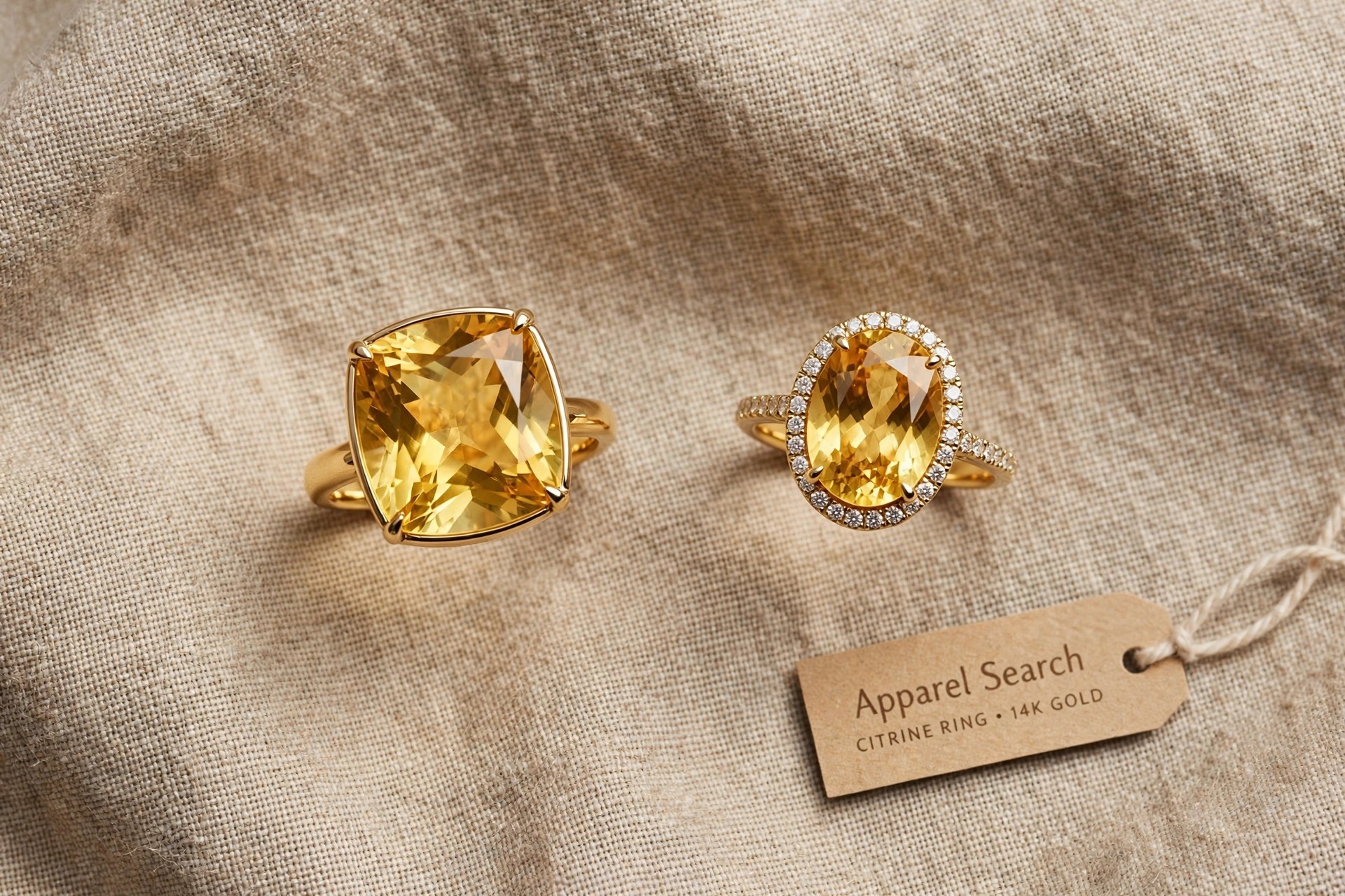 Citrine rings with large golden-yellow oval and cushion stones in gold settings on warm linen
