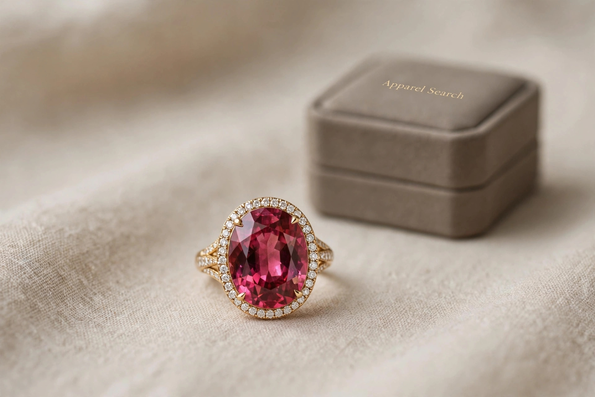 Large cocktail ring with an oversized colourful gemstone on a neutral backdrop