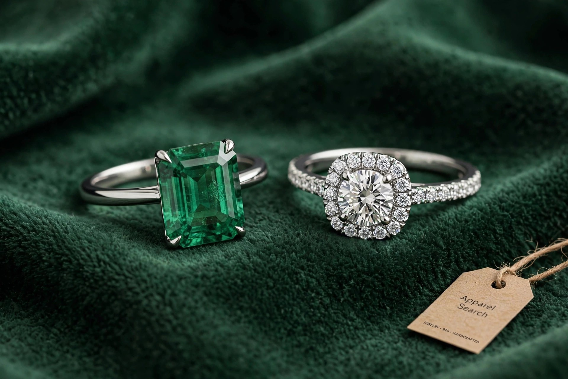 Emerald rings with a step-cut emerald solitaire and diamond halo ring on deep green velvet