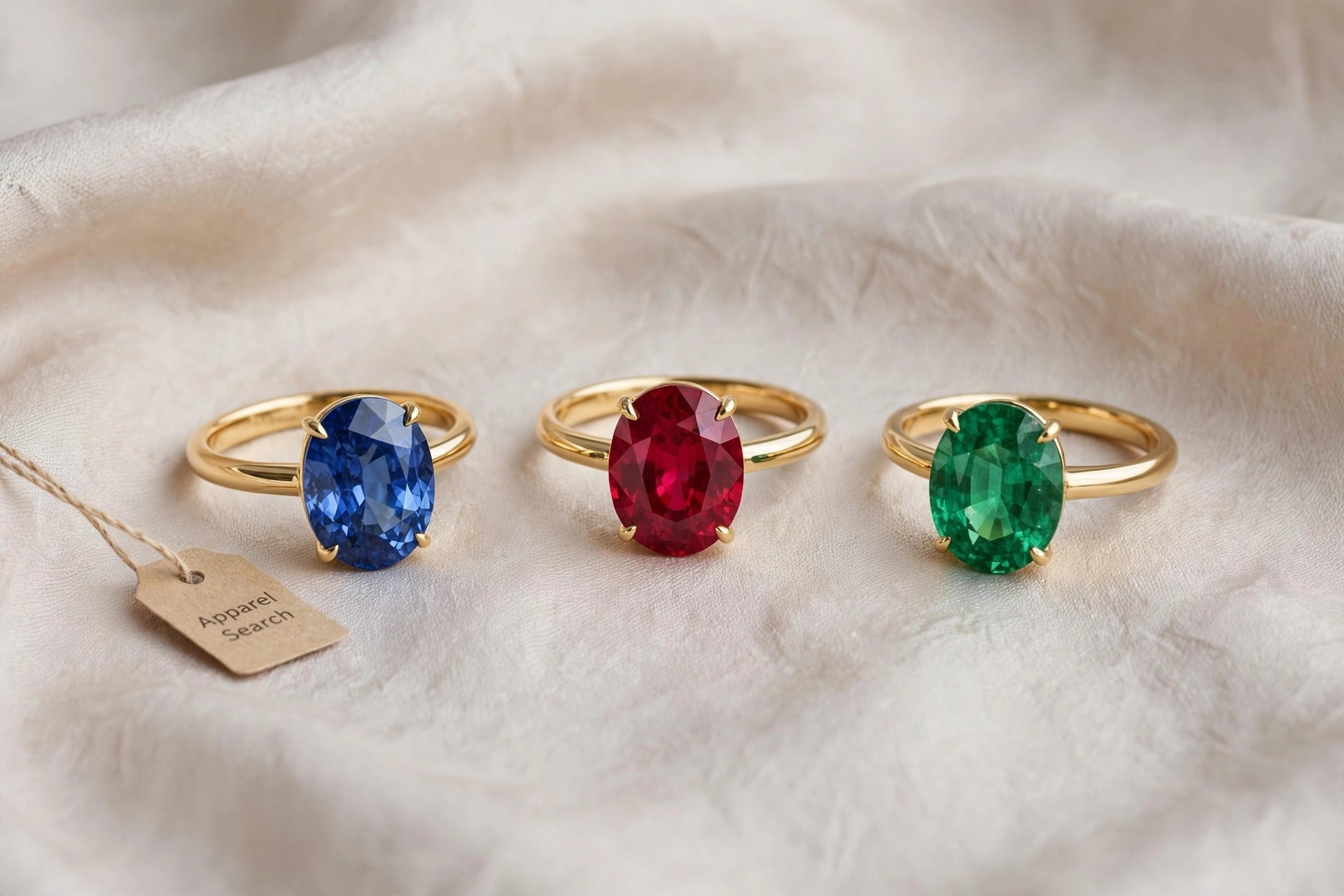 Lab created gemstone rings with a blue sapphire ring, a red ruby ring and a green emerald ring on pale silk