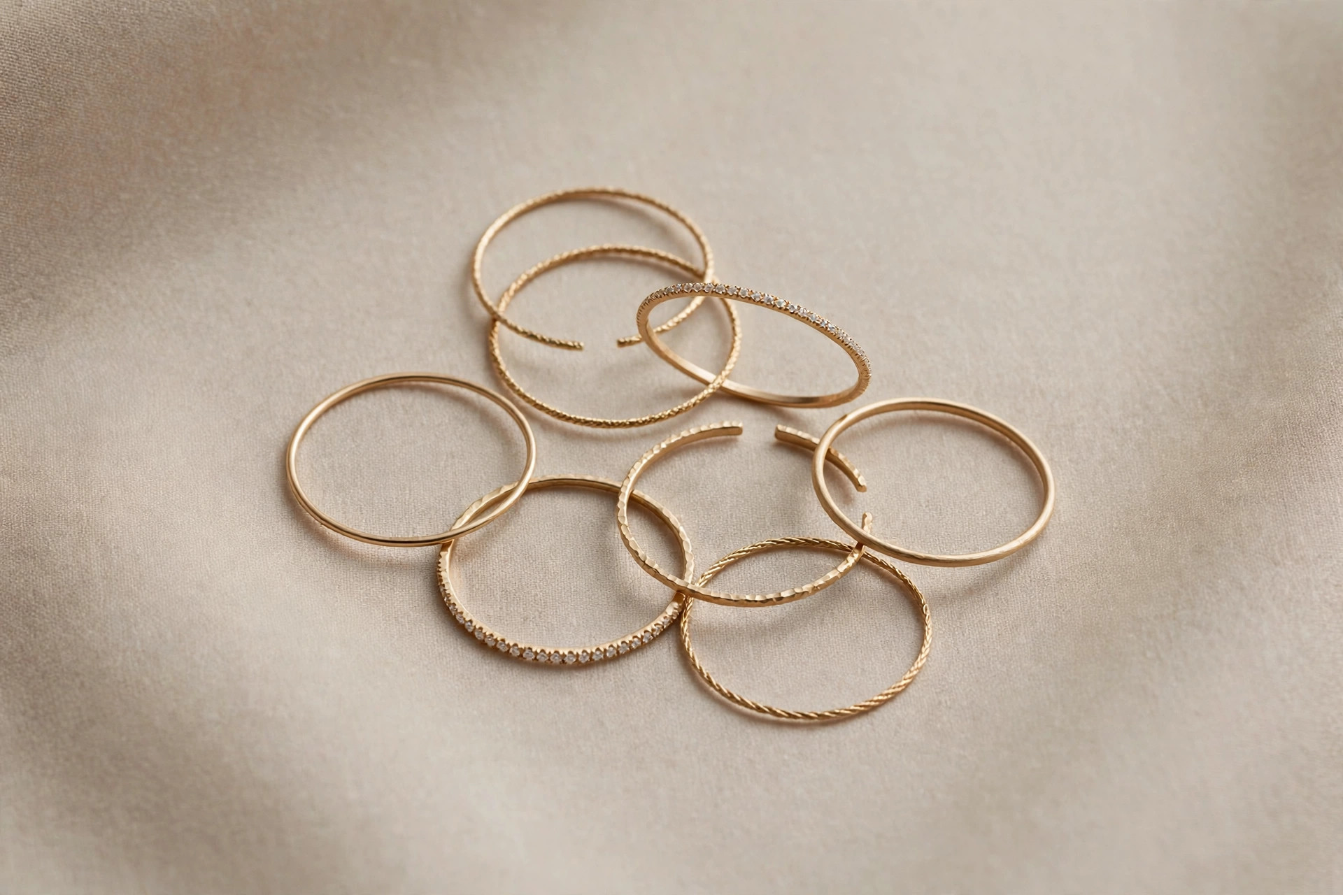 Several thin delicate midi rings for wearing above the knuckle on a neutral backdrop