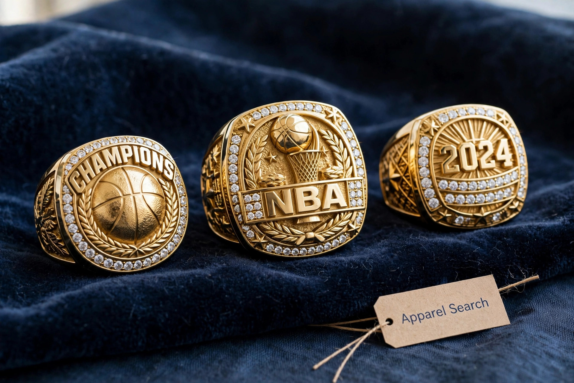 NBA championship style rings in gold with rows of clear stones and bold raised detailing on dark navy velvet