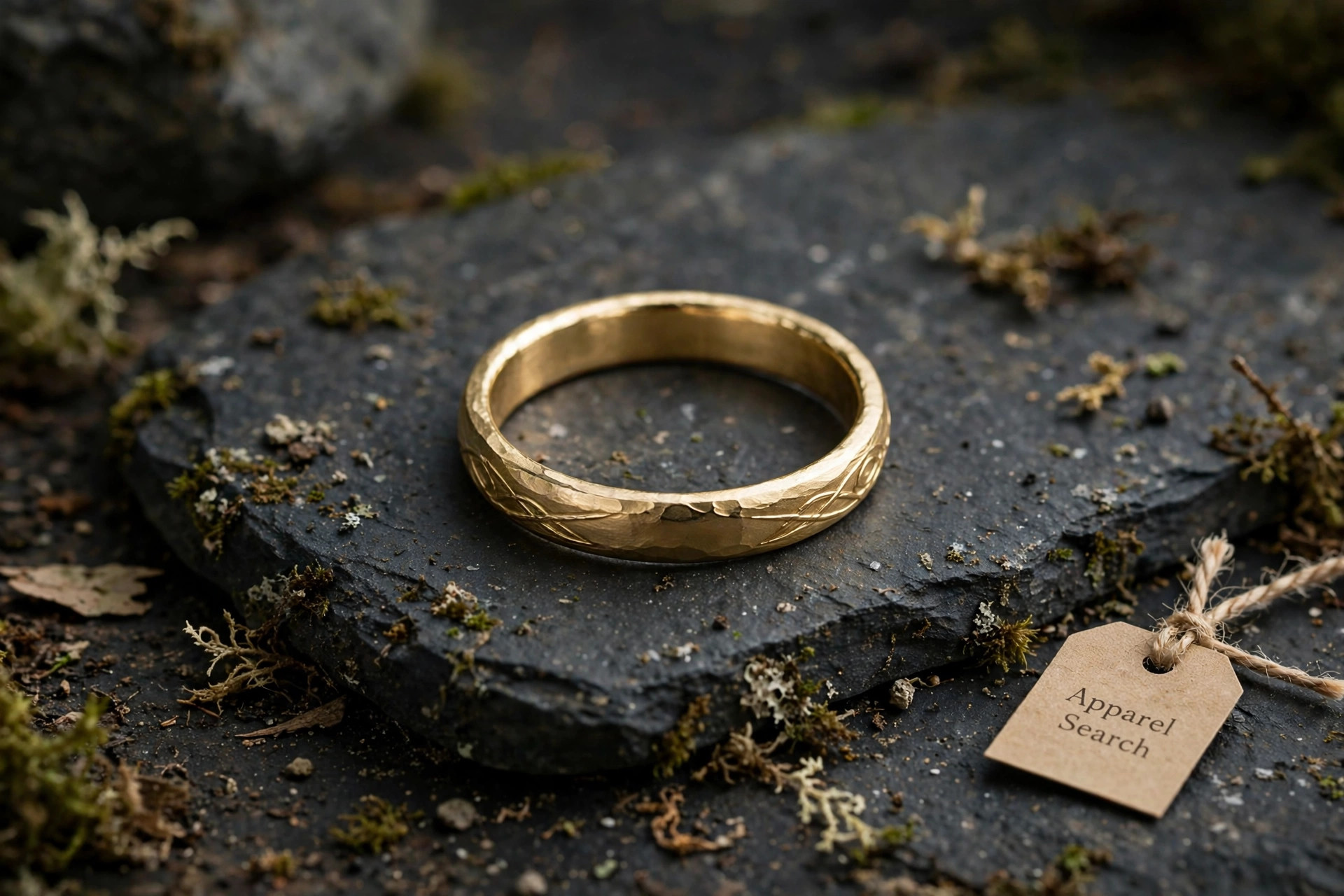 Single plain gold band ring in a fantasy-inspired style shown alone on dark stone with soft light