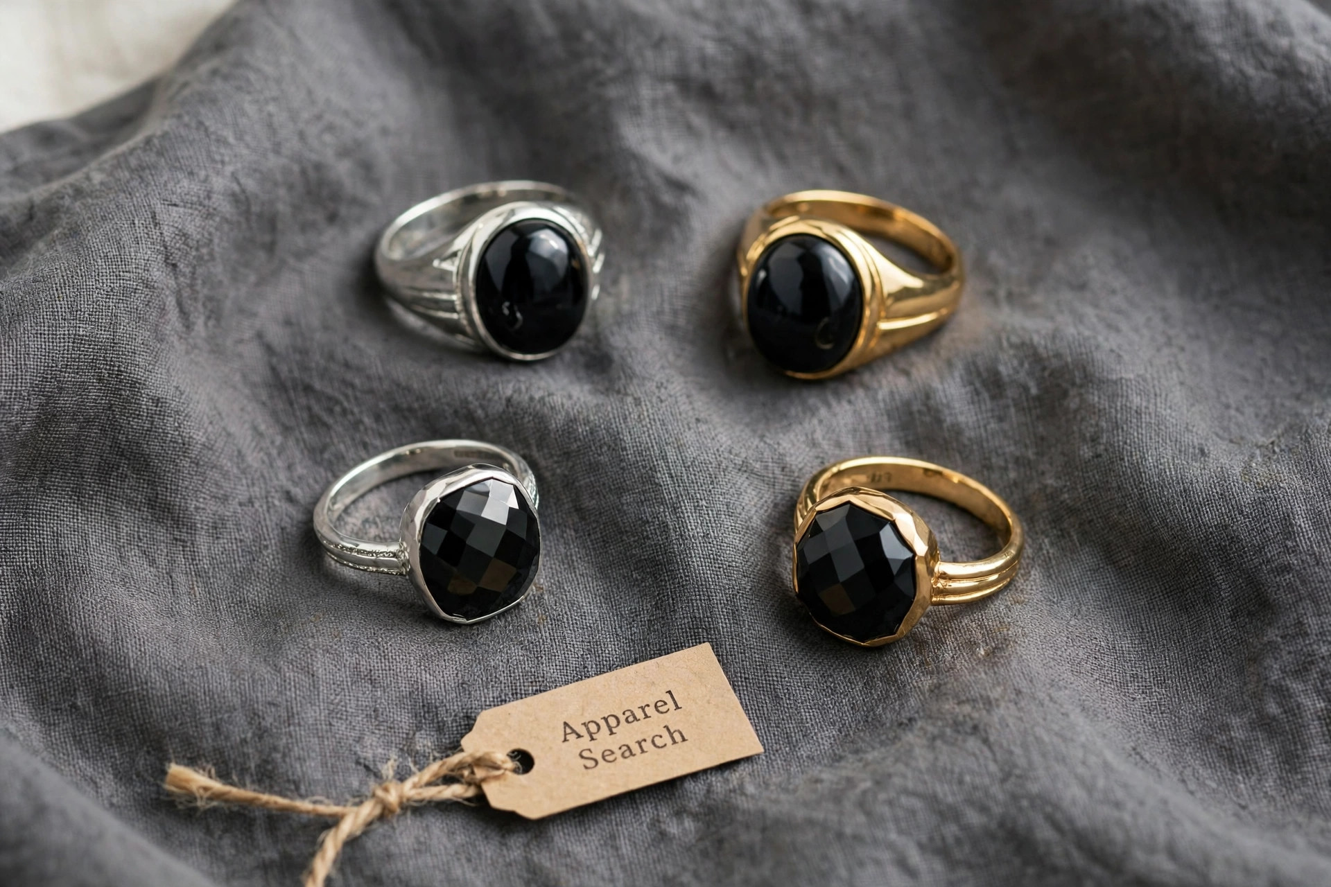Onyx rings with polished black cabochon and faceted onyx stones in silver and gold signet settings on charcoal grey fabric