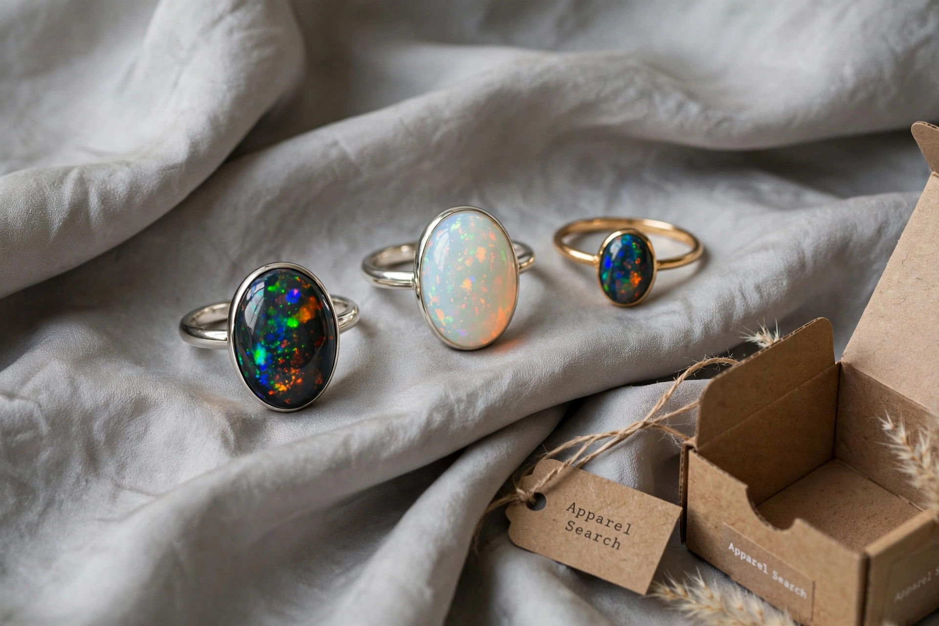 Opal rings with white and black opals showing flashes of blue, green and orange play of color on soft grey silk