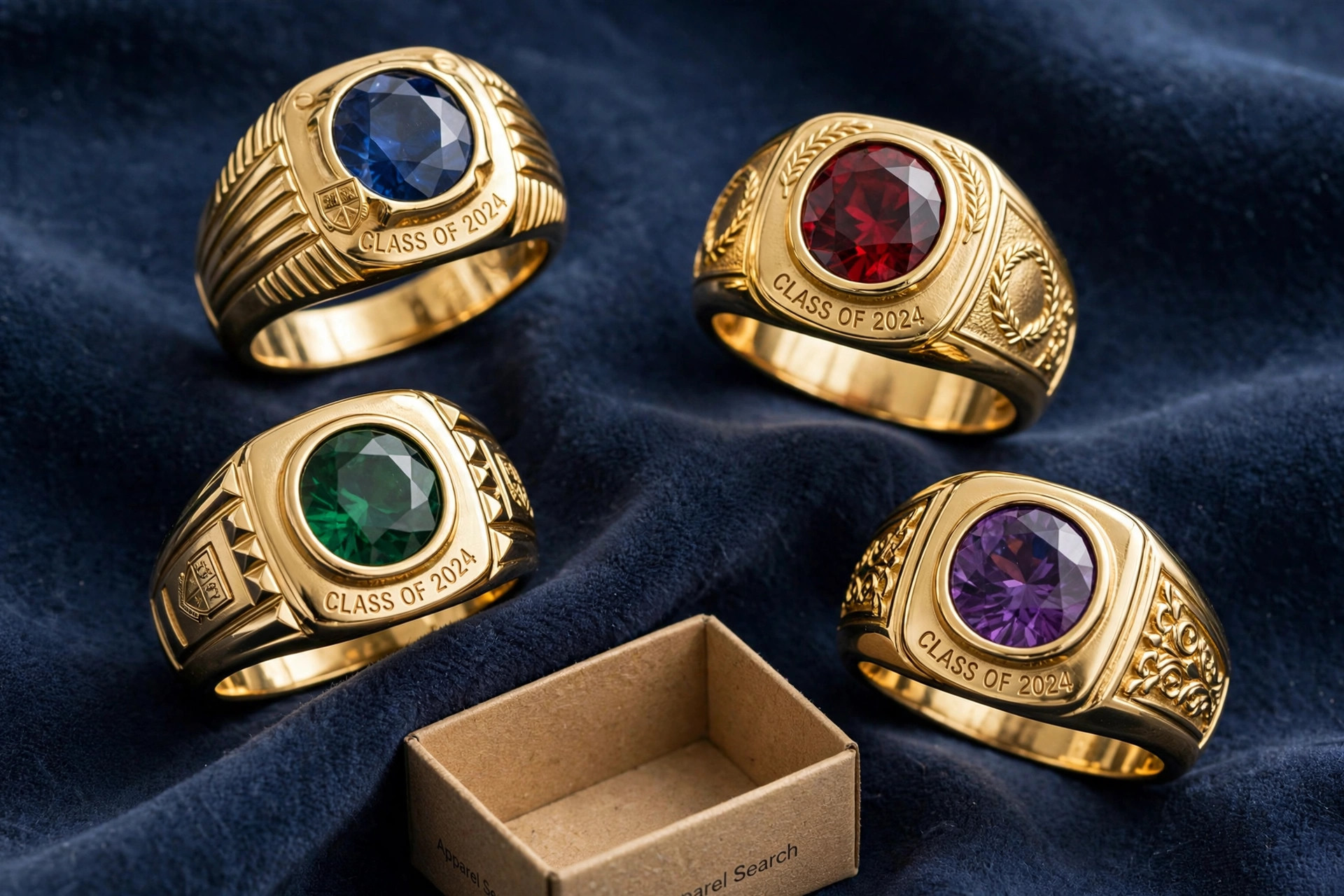 School class rings with bold gold signet-style rings set with colored center stones and raised sides on navy fabric