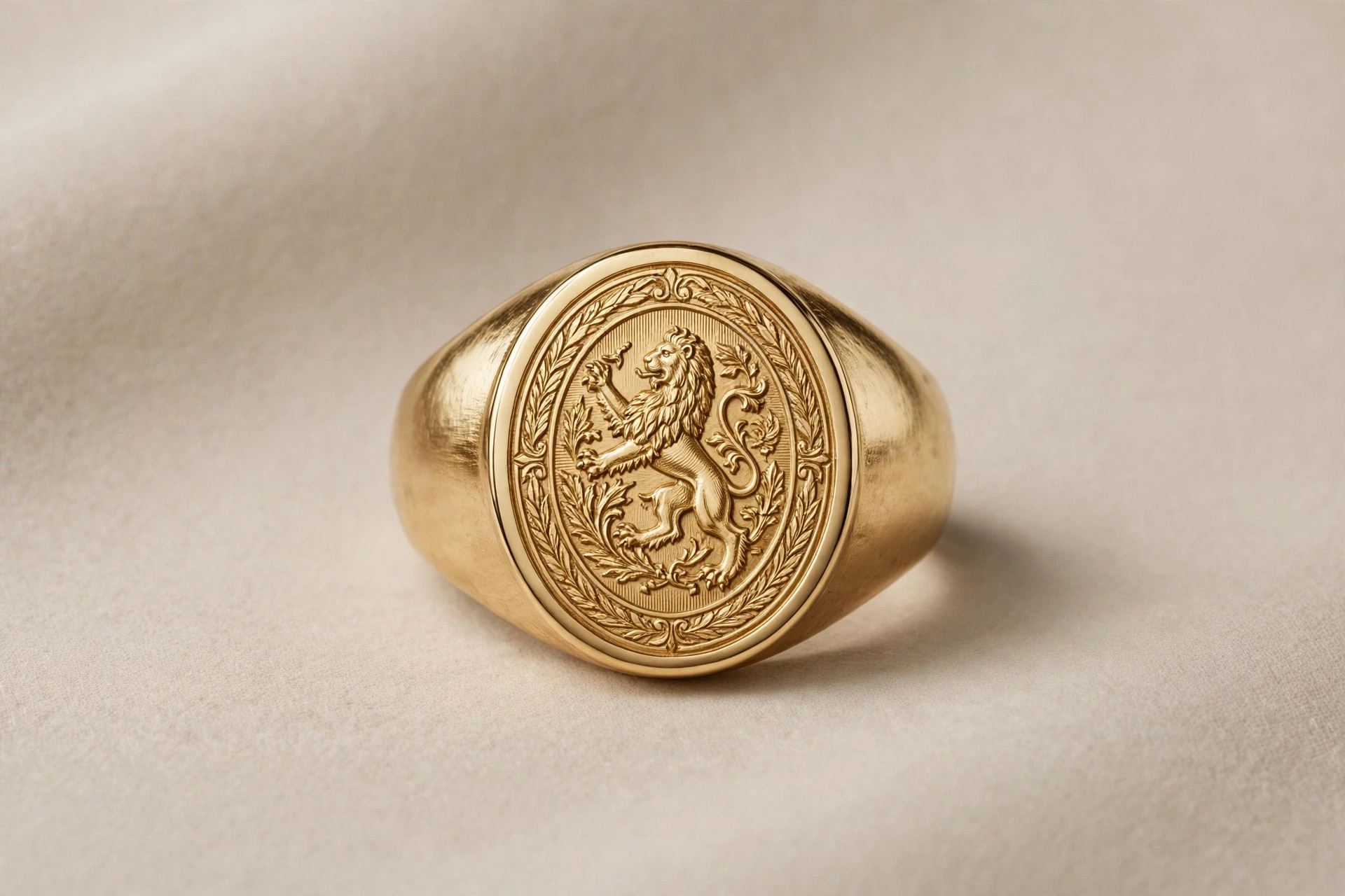 Heavy gold signet ring with a flat engraved crest face on a neutral backdrop