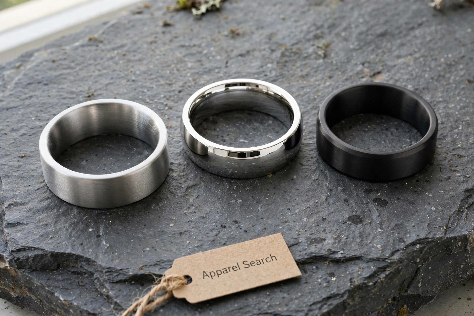 Stainless steel rings in brushed, polished and black ion plated contemporary bands on slate grey stone